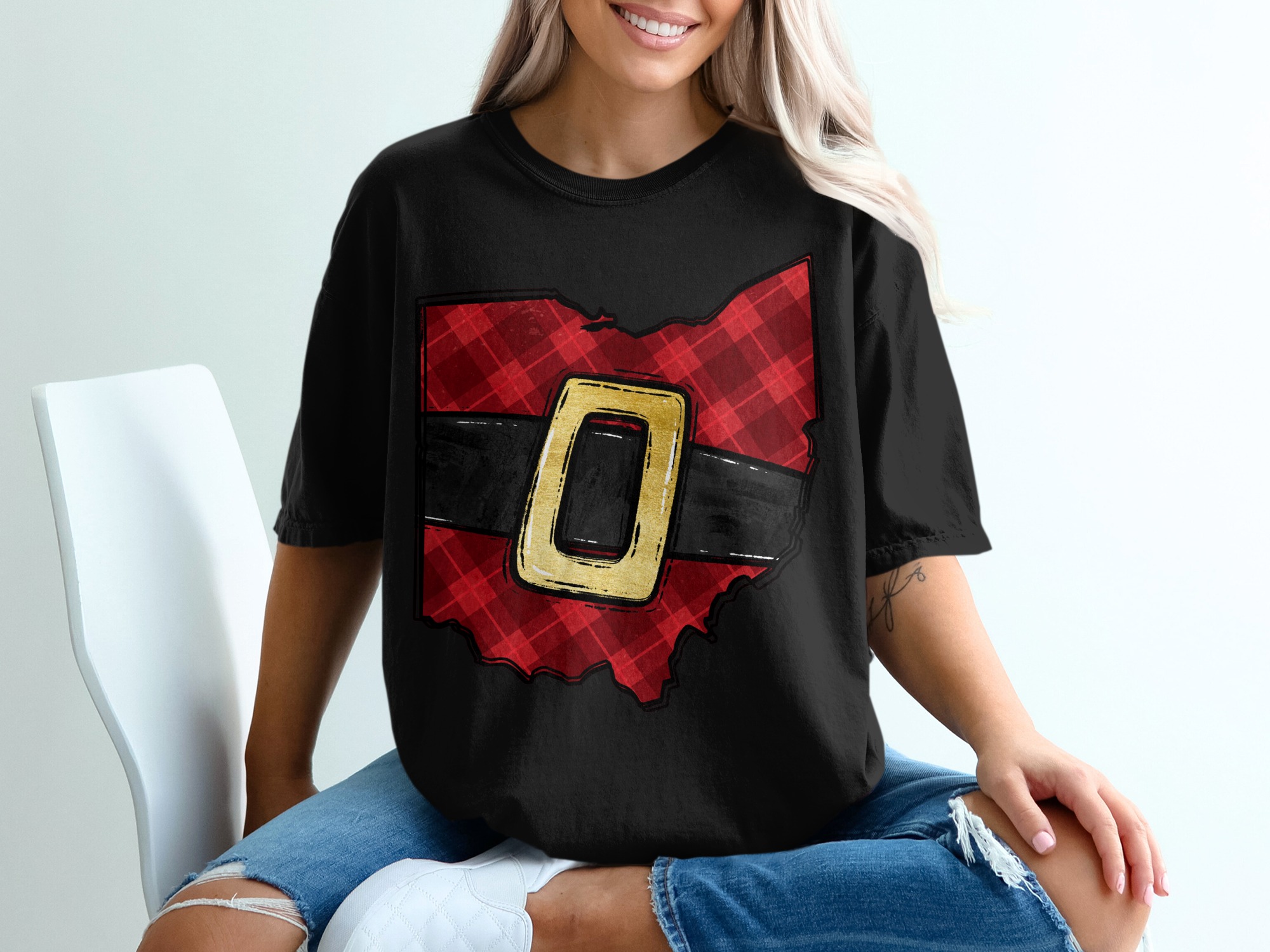 Ohio Santa Belt T-Shirt, Plaid Ohio Tee, Christmas Ohio Shirt, Holiday T-Shirt, Ohio State Shirt, Ohio Pride Shirt - Image 2