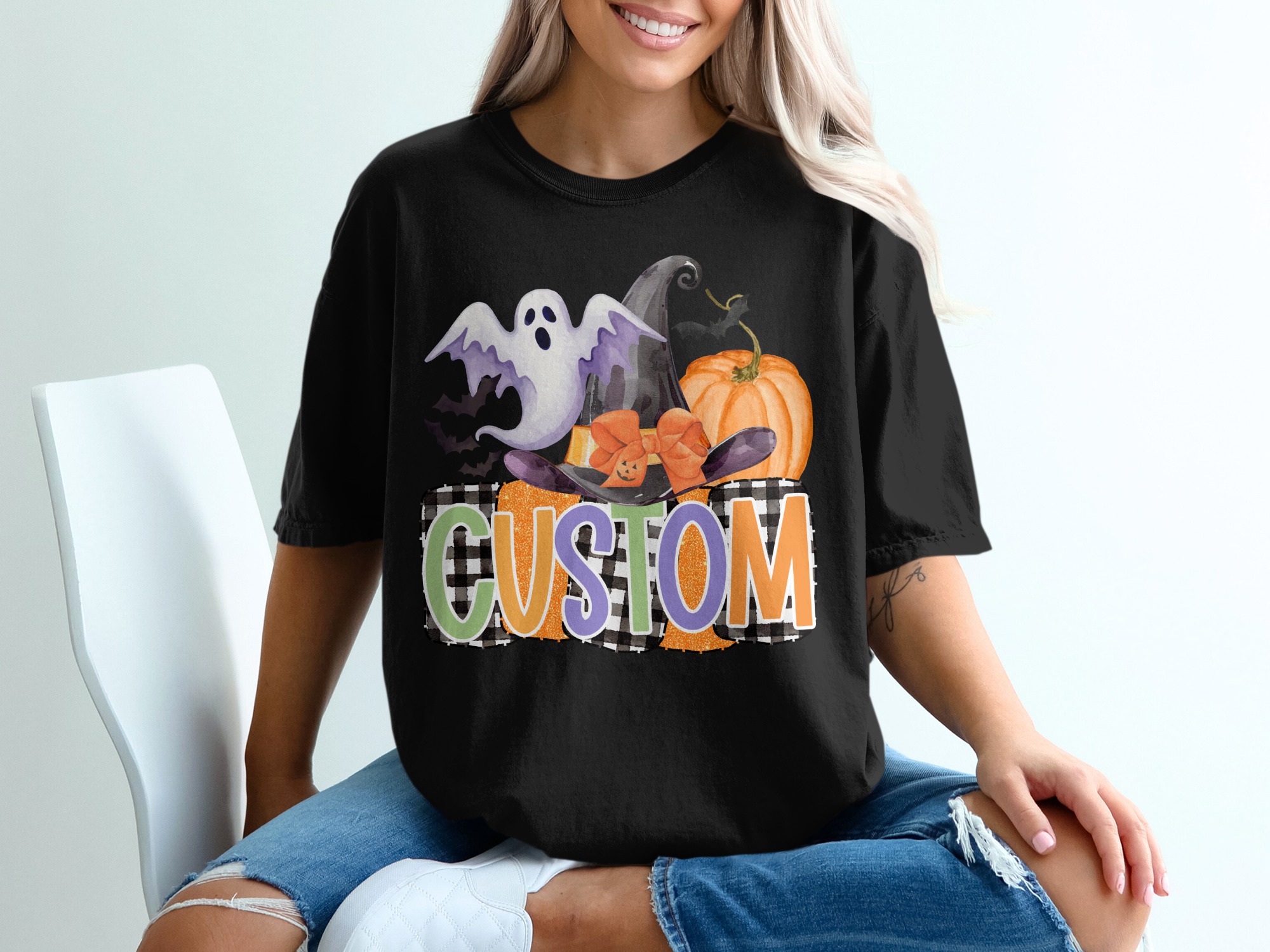 Custom Halloween T Shirt, Spooky Season Shirt, Personalized Ghost Shirt, Witch Hat Tee, Pumpkin Tshirt, Autumn Fall Festival Shirt - Image 2