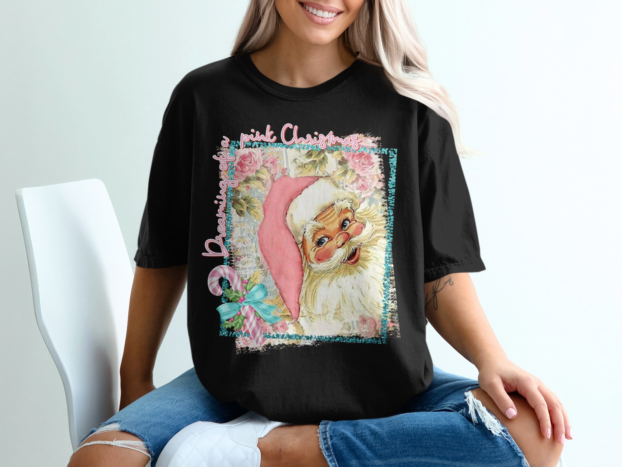 Pink Christmas T-Shirt, Vintage Santa Tee, Dreaming of Pink Holiday, Festive Shirt, Christmas in Pink, Holiday Outfit, Christmas Tee - Image 2