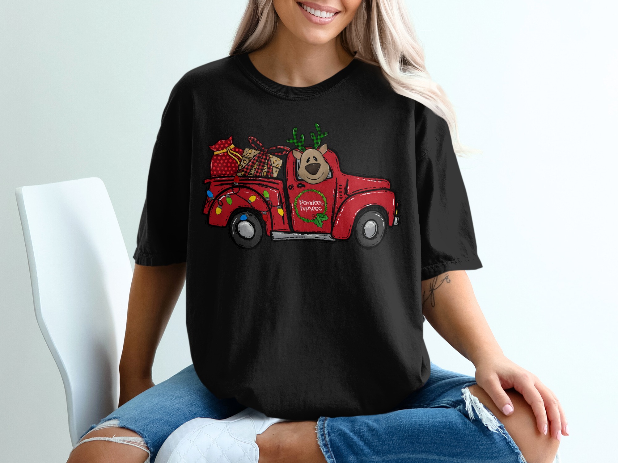 Reindeer Express T-Shirt, Christmas Truck Shirt, Holiday Tee, Cute Reindeer, Xmas Gift Idea, Festive Design, Seasonal Apparel - Image 2