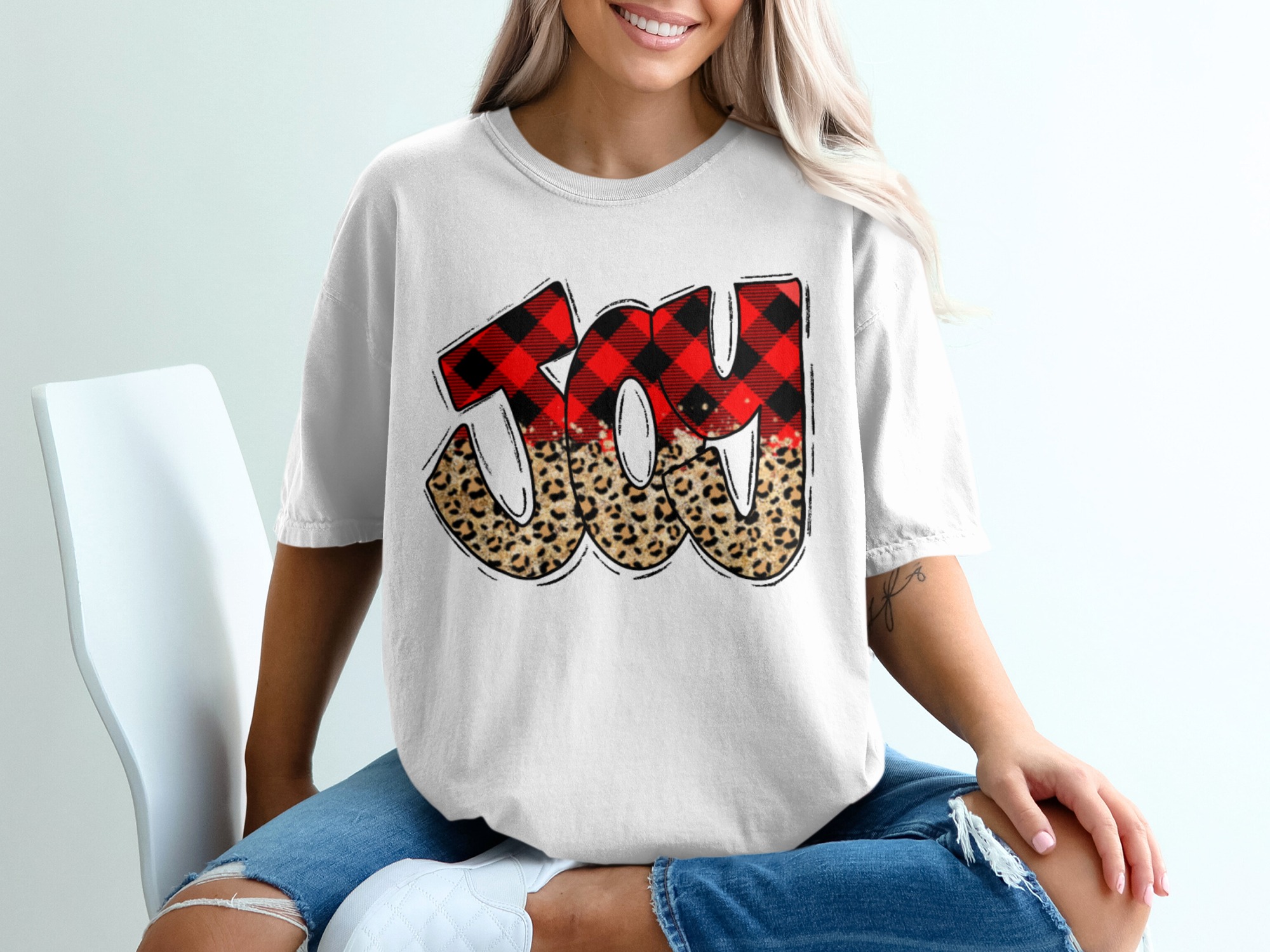 Joy T-Shirt, Buffalo Plaid Shirt, Leopard Print Tee, Trendy Christmas T Shirt, Holiday Cheer Shirt, Festive Joy Design, Fashion TShirt