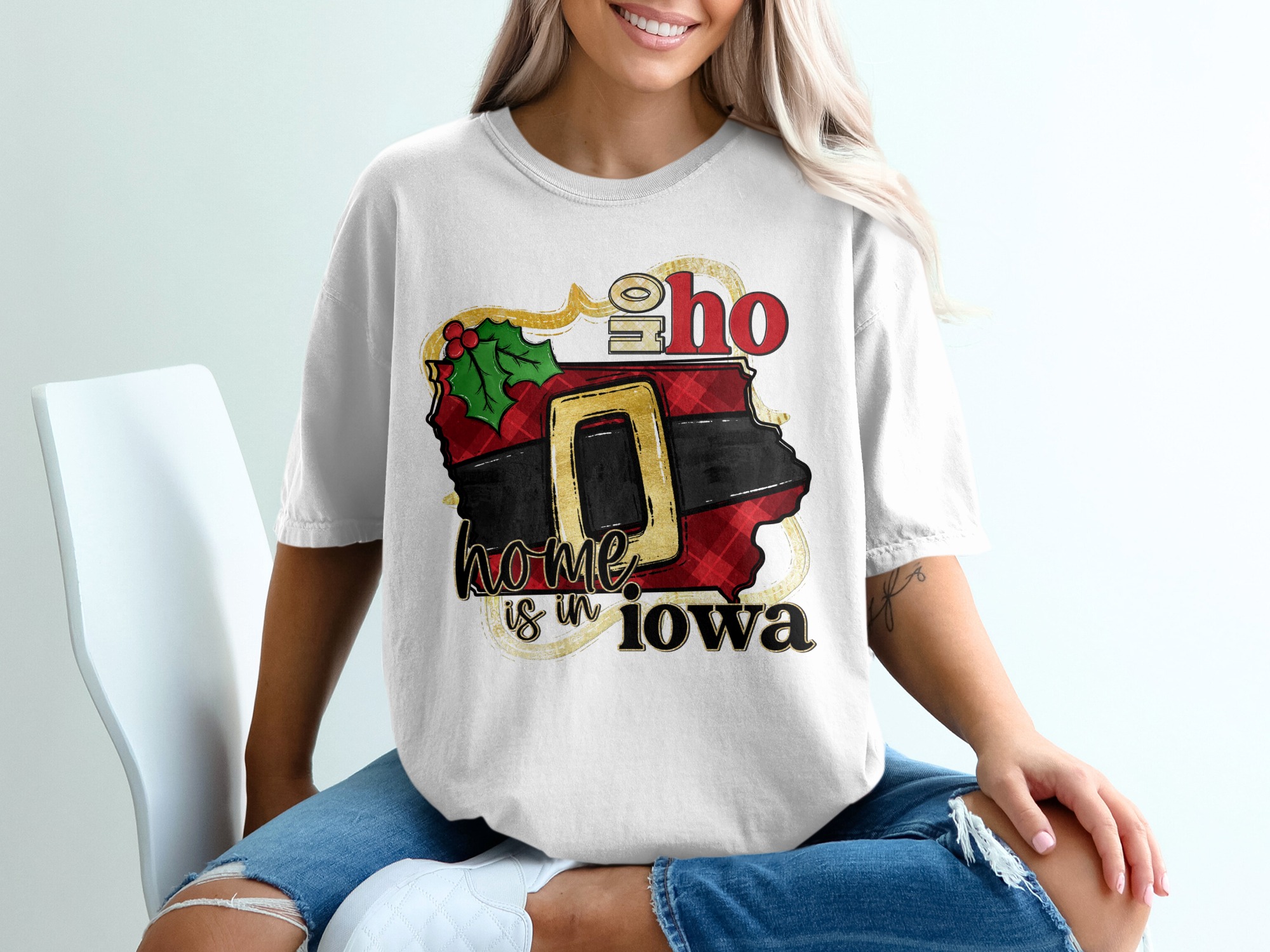 Home is in Iowa T-Shirt, Santa Belt Iowa, Christmas in Iowa Shirt, Iowa State Pride Tee, Holiday T-Shirt, Iowa Gift, Cute Christmas