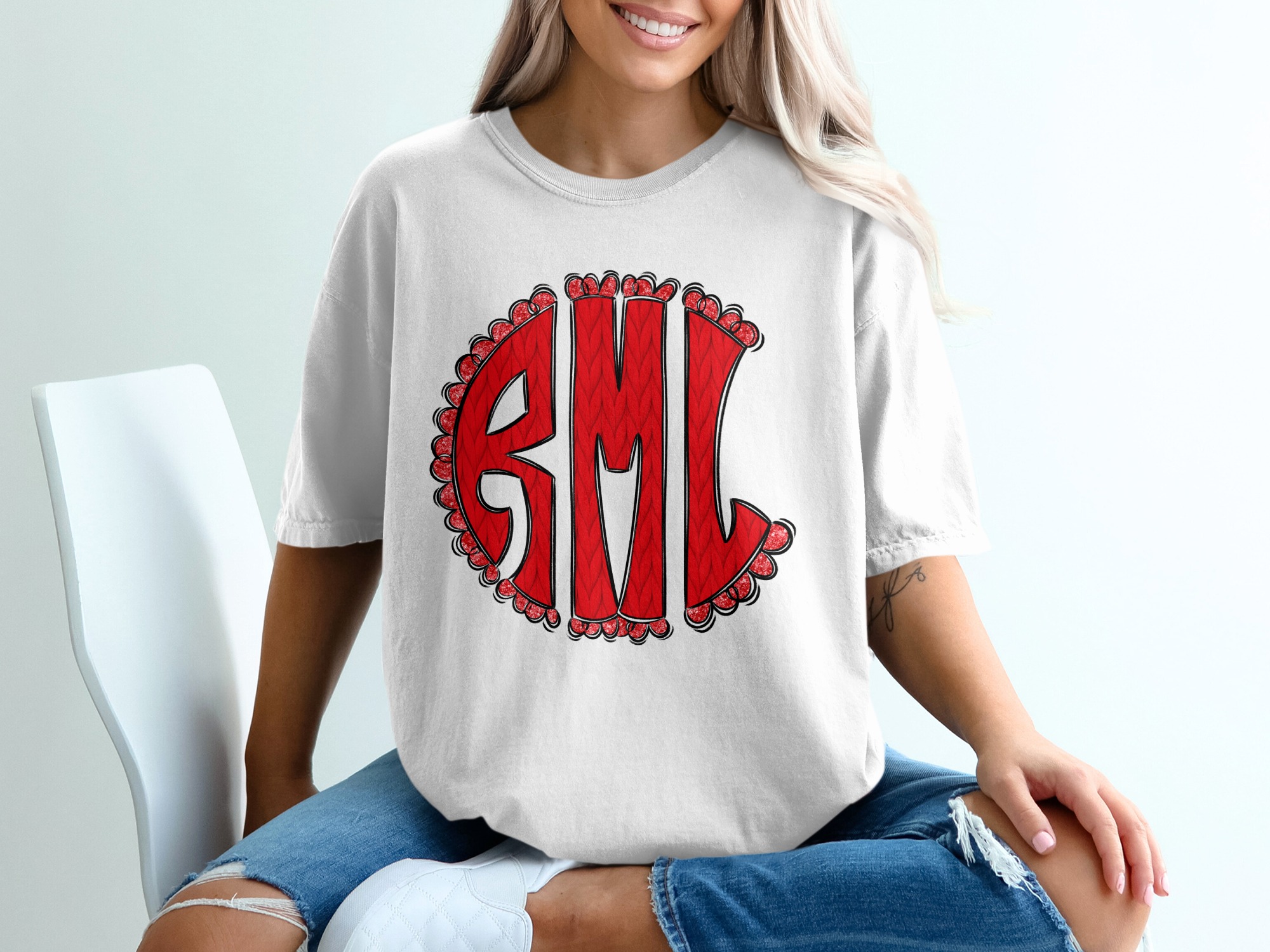 Red Knit Monogram T-Shirt, Custom Initial T Shirt, Unique Personalized T Shirt, Elegant Letter Tee, Gift for Her, Family T-Shirt