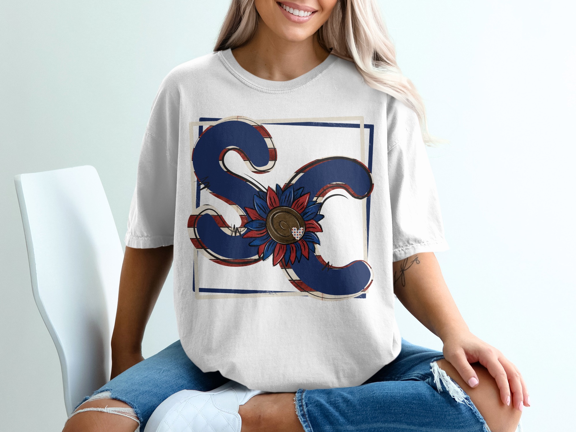 Patriotic Sunflower T-Shirt, SC Initials, Red White and Blue, Floral Tee, USA Pride, American Flag Heart, Gift for Her, Summer Top