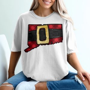 Connecticut Santa Belt T-Shirt, Plaid Christmas Holiday Tee, CT State Outline, Red and Black, Christmas Outfit, New England Gift