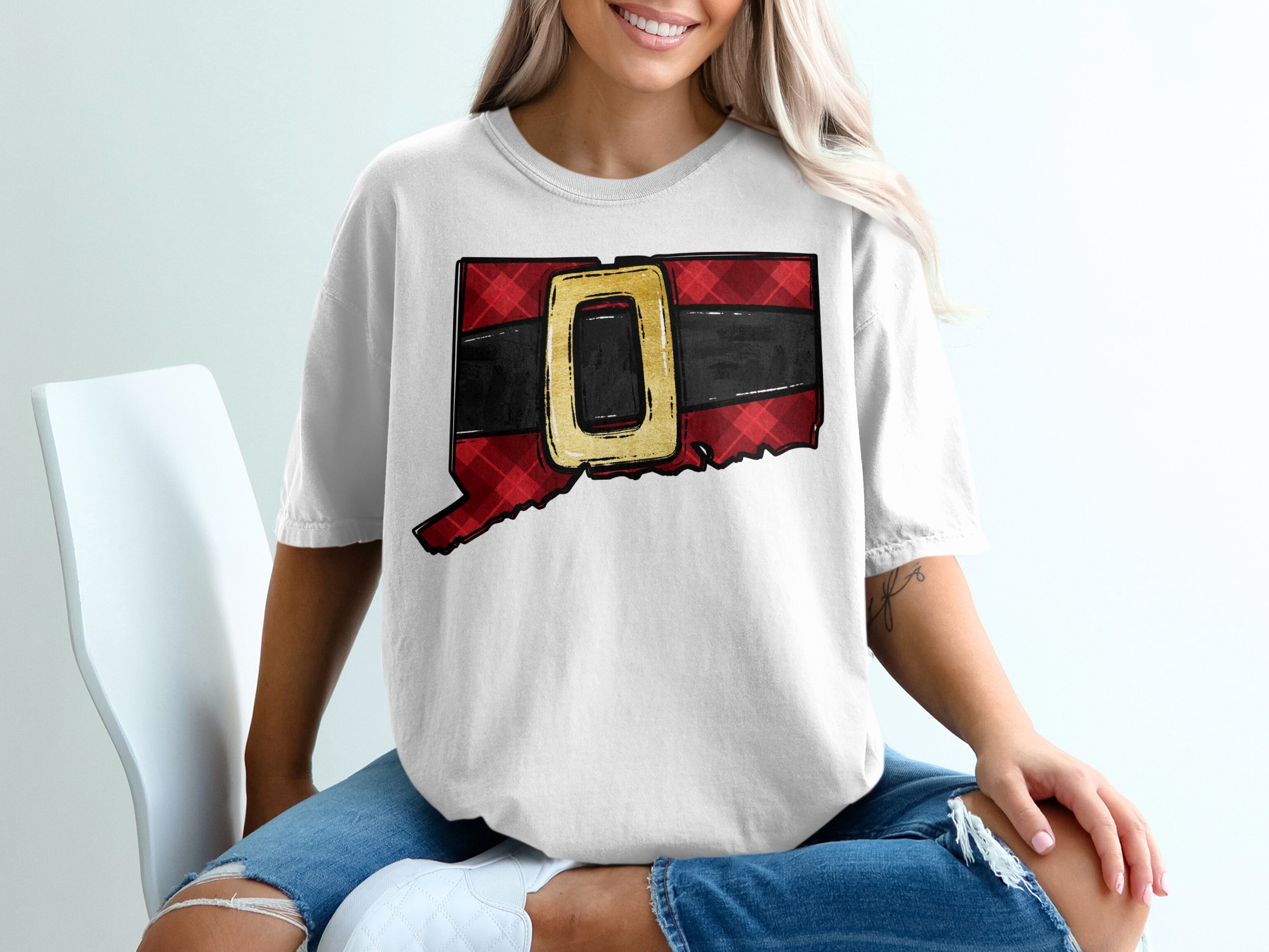 Connecticut Santa Belt T-Shirt, Plaid Christmas Holiday Tee, CT State Outline, Red and Black, Christmas Outfit, New England Gift
