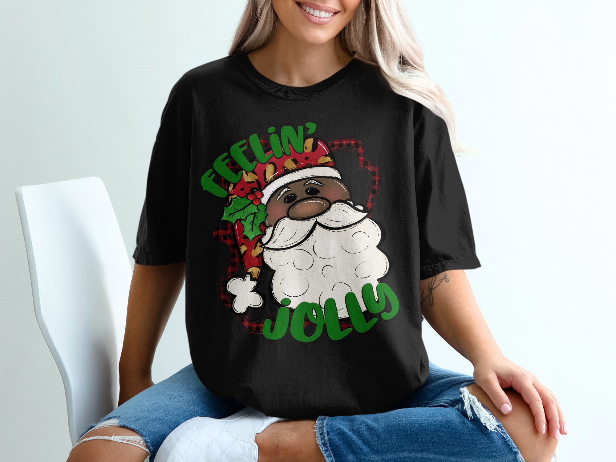 Feelin' Jolly Santa T-Shirt, Cute Santa Tee, Holiday Shirt, Black Santa Shirt, Christmas TShirt, Santa Claus Shirt, Festive Shirt - Image 2