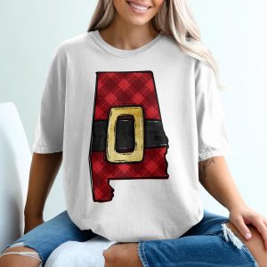 Alabama Christmas T Shirt, Plaid State Tee, Santa Belt State Pride Shirt, Holiday Apparel, Southern Christmas Shirt