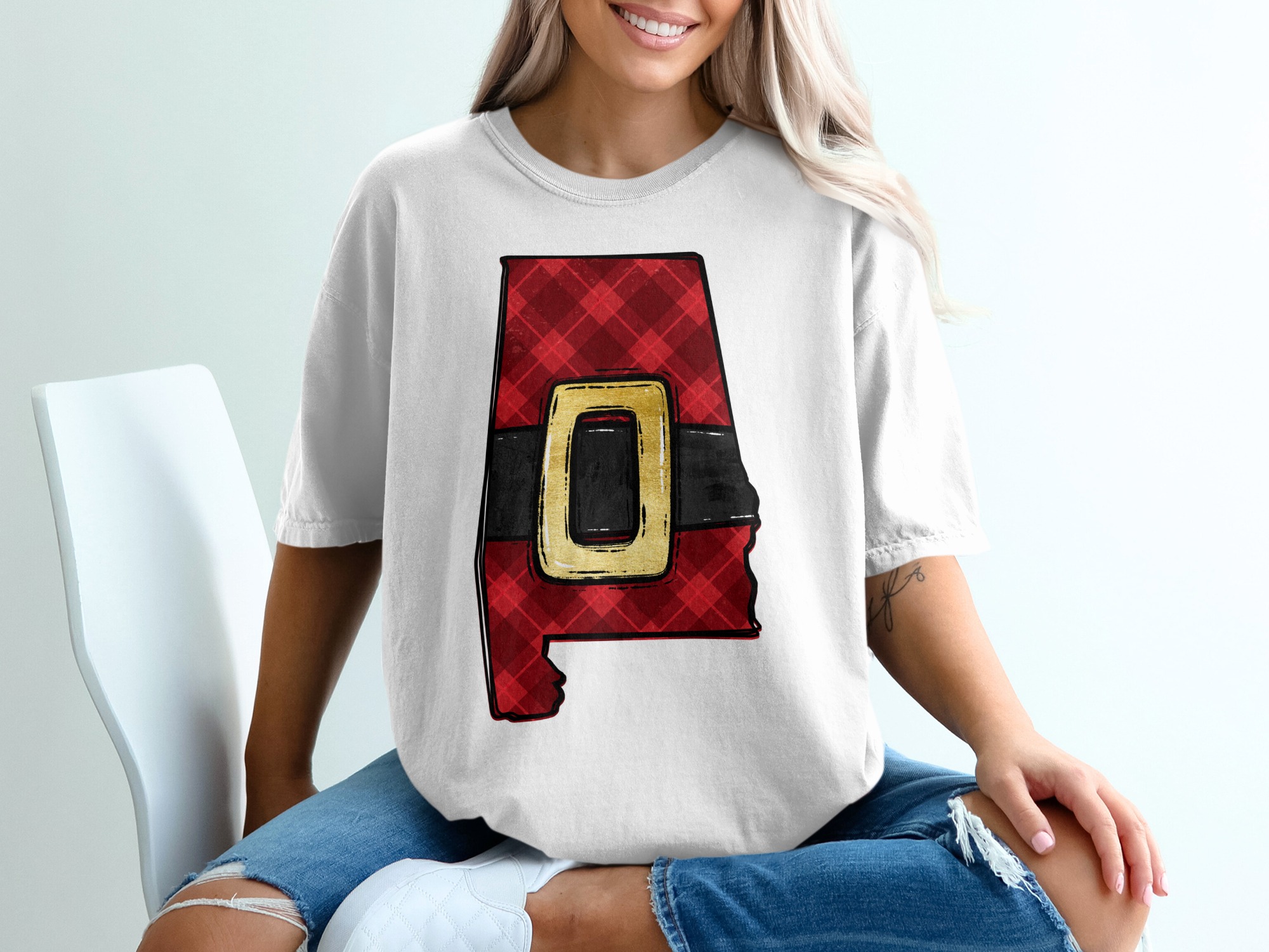 Alabama Christmas T Shirt, Plaid State Tee, Santa Belt State Pride Shirt, Holiday Apparel, Southern Christmas Shirt