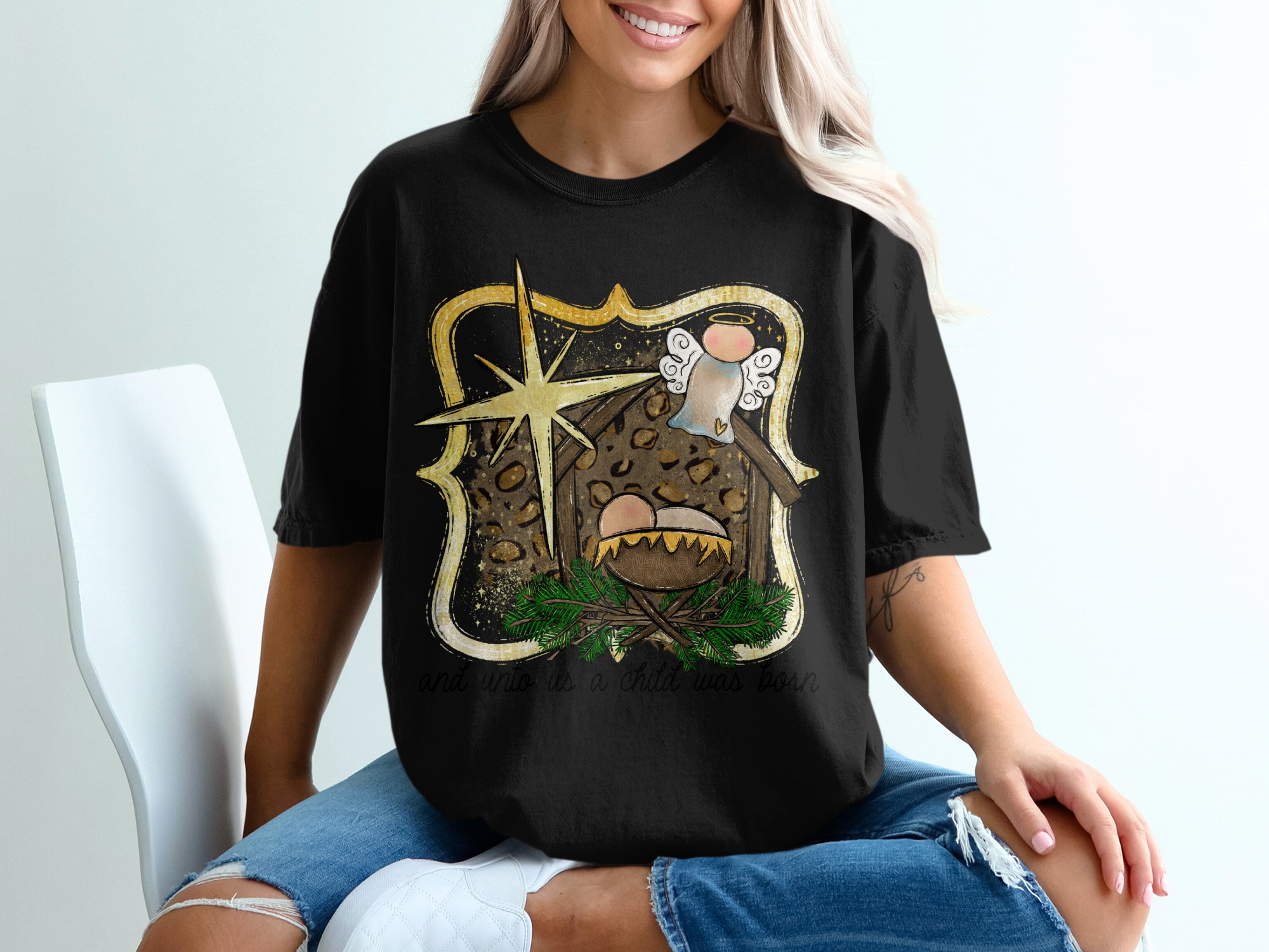 And Unto Us a Child Was Born, Christmas Nativity T-Shirt, Angel Star TShirt, Leopard Print Tee, Holiday T Shirt, Christian Gift - Image 2