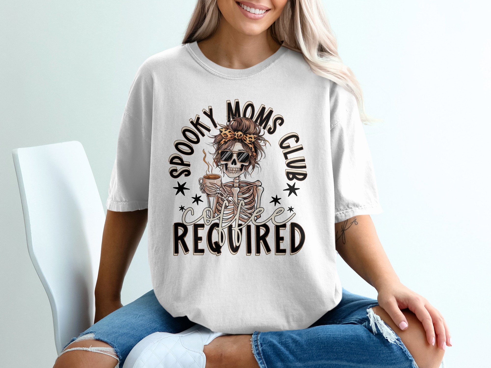 Spooky Moms Club T-Shirt, Coffee Skeleton Tee, Halloween Mom Shirt, Funny Fall TShirt, Messy Bun Skull, Coffee Required T-Shirt