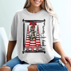 Merry Chrismas T-Shirt, Festive Tree T-Shirt, Holiday Cheer Tee, Red and White Stripped Xmas T-Shirt, Mistletoe Christmas T-Shirt