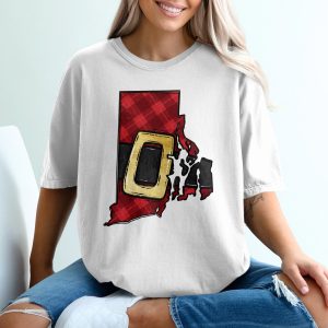 Rhode Island Christmas T-Shirt, RI Plaid Santa Belt State Pride Tee, Holiday Gift Idea, State Outline Shirt