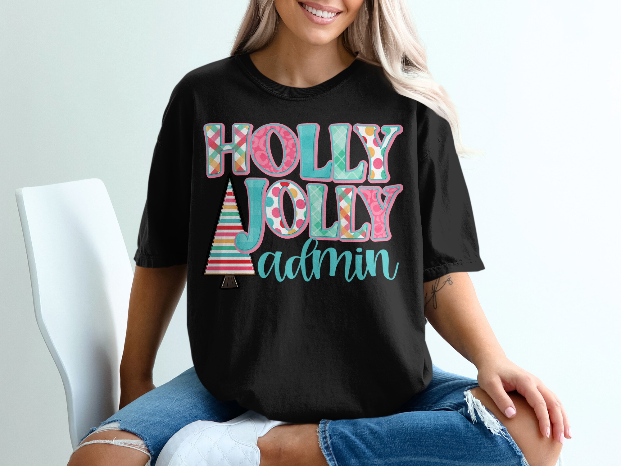 Holly Jolly Admin T-Shirt, Christmas T-Shirt, Holiday Cheer Tee, Festive Admin Gift, Colorful Christmas Tree Shirt - Image 2