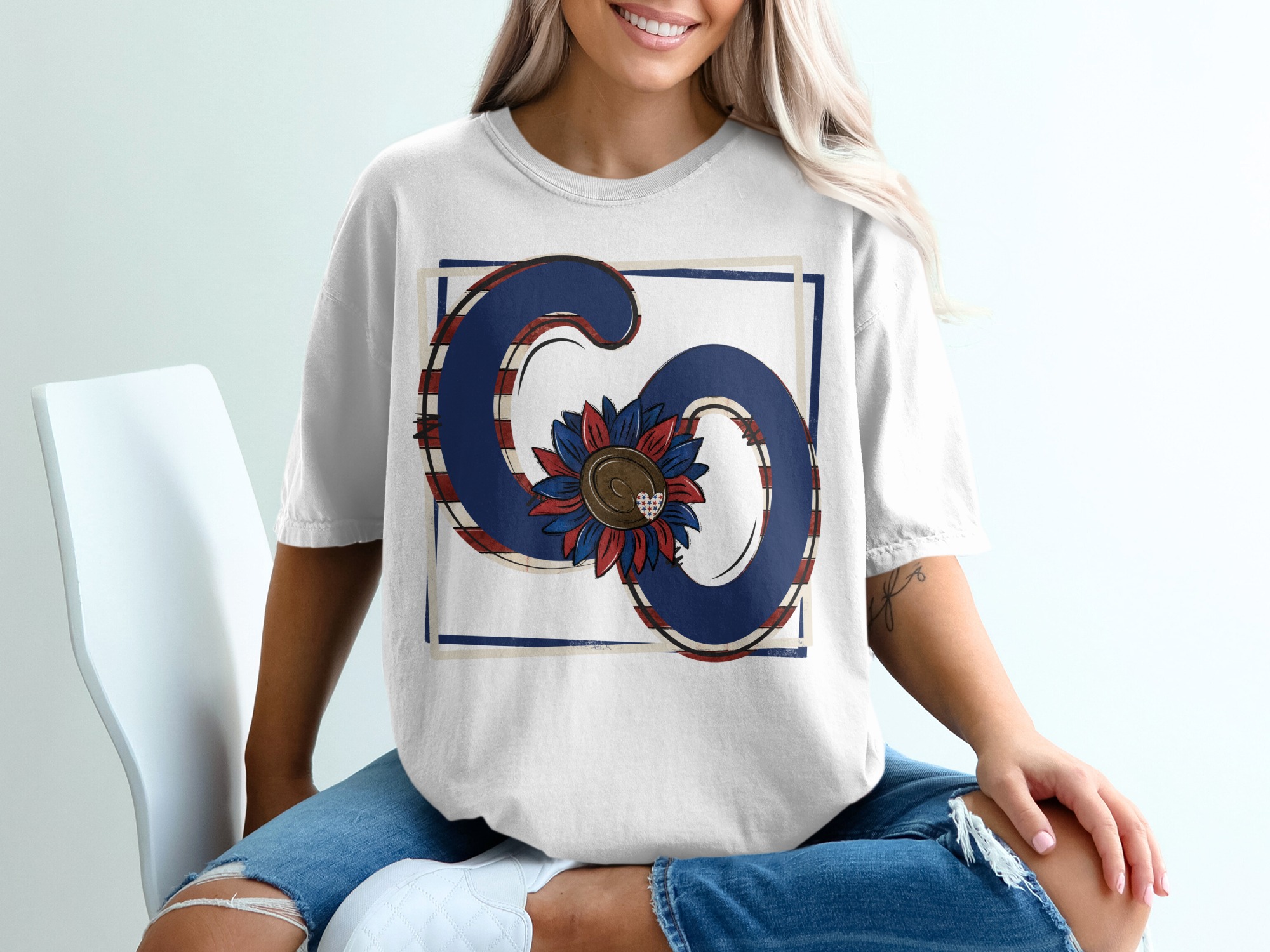 Patriotic GO T Shirt, USA Flag Flower Tee, Fourth of July Shirt, American Pride, Summer Apparel, Gift for Her, Red White and Blue T-Shirt