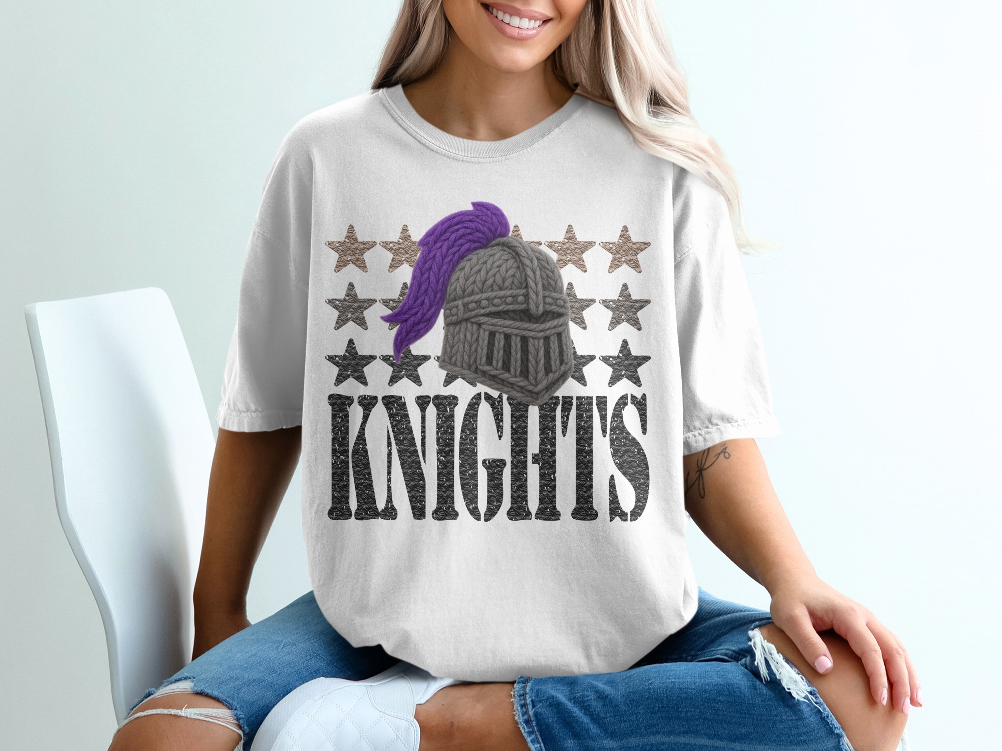 Knights T-Shirt, Medieval Helmet Tee, Purple Plume Armor, Starry Knight, Unisex T Shirt, Gift Idea, Casual Tee, Gamer Knight T Shirt