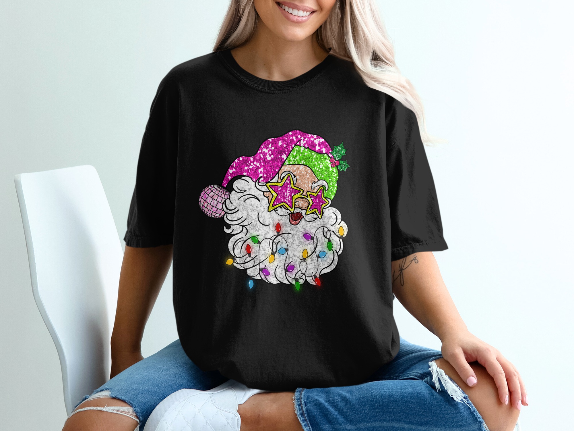 Disco Santa T-Shirt, Glitter Santa Claus Shirt, Funny Christmas Tee, Holiday Party Shirt, Xmas Gift Idea, Festive Apparel - Image 2