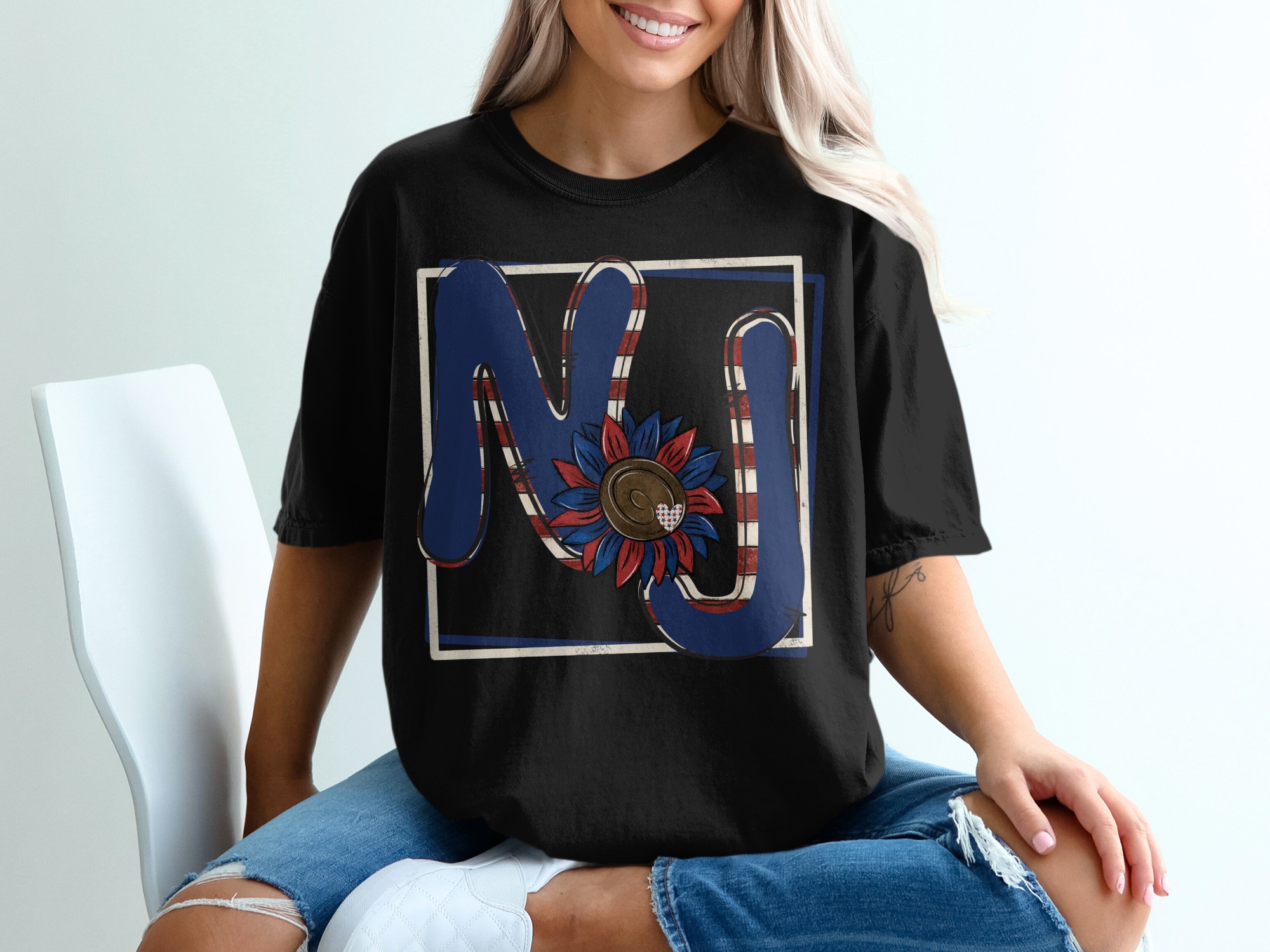 NJ Sunflower Patriotic T Shirt Design, America Flag Letters Tee, New Jersey State Pride Shirt, USA Heart Decor, Gift Idea T-Shirt - Image 2