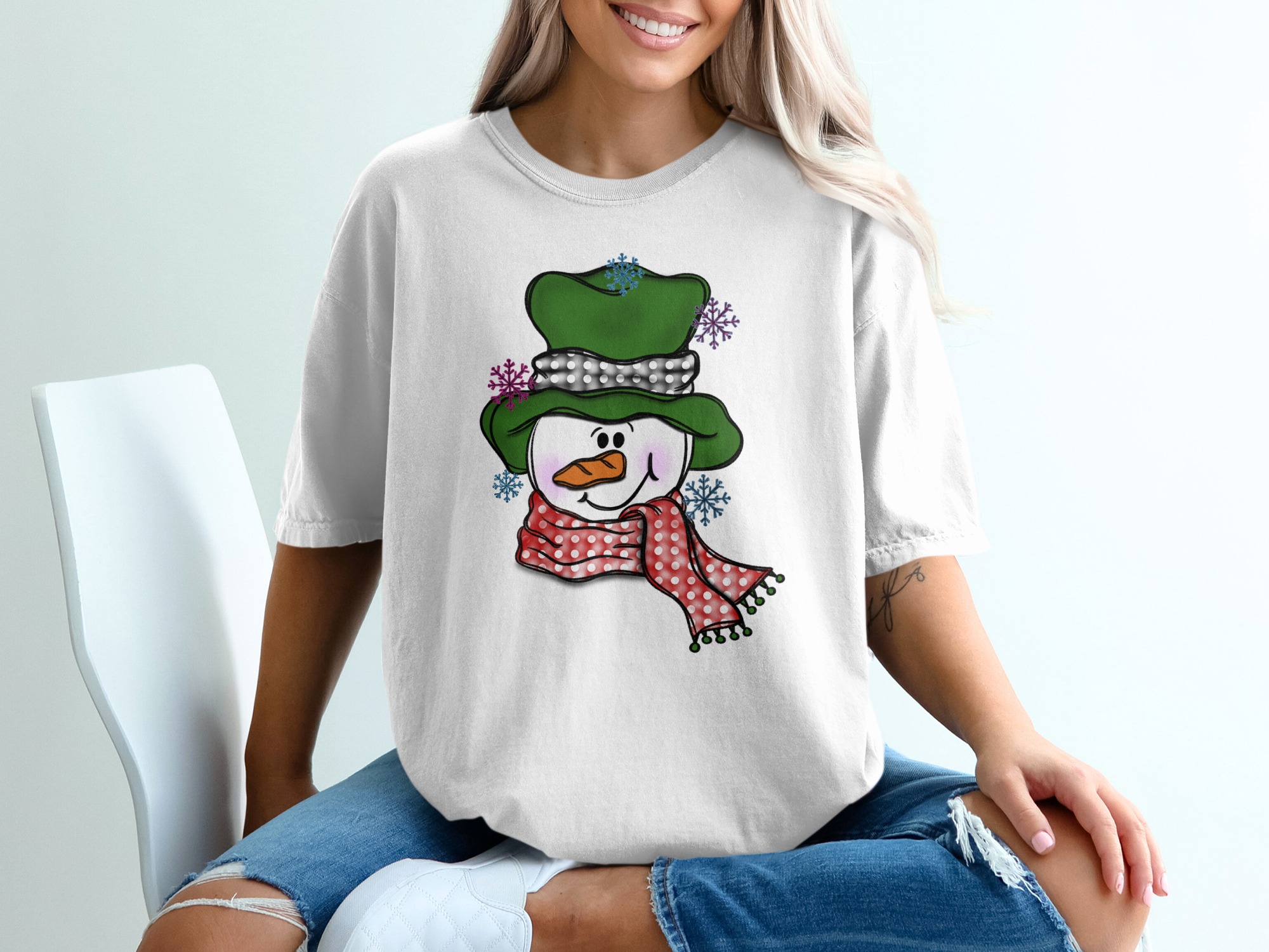 Winter Snowman T-Shirt, Holiday Tee, Christmas Graphic, Cute Snowflakes, Festive Apparel, Seasonal Clothing, Polka Dot Scarf, Winter Fashion