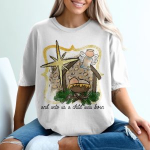 And Unto Us a Child Was Born, Christmas Nativity T-Shirt, Angel Star TShirt, Leopard Print Tee, Holiday T Shirt, Christian Gift