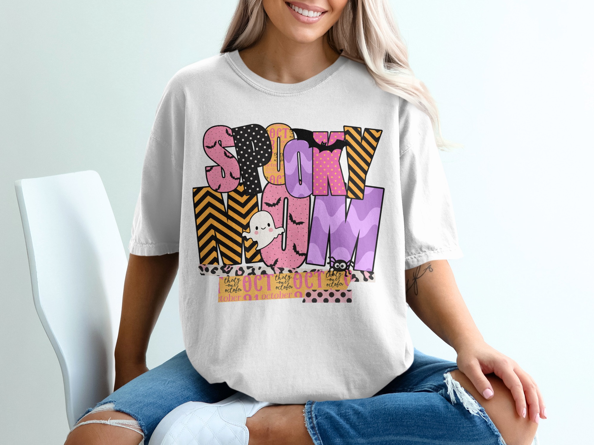Spooky Mom T-Shirt, Halloween Shirt, Mom T-Shirt, Cute Ghost Tee, Bat Shirt, Halloween Mom, October 31, Halloween Costume T-Shirt
