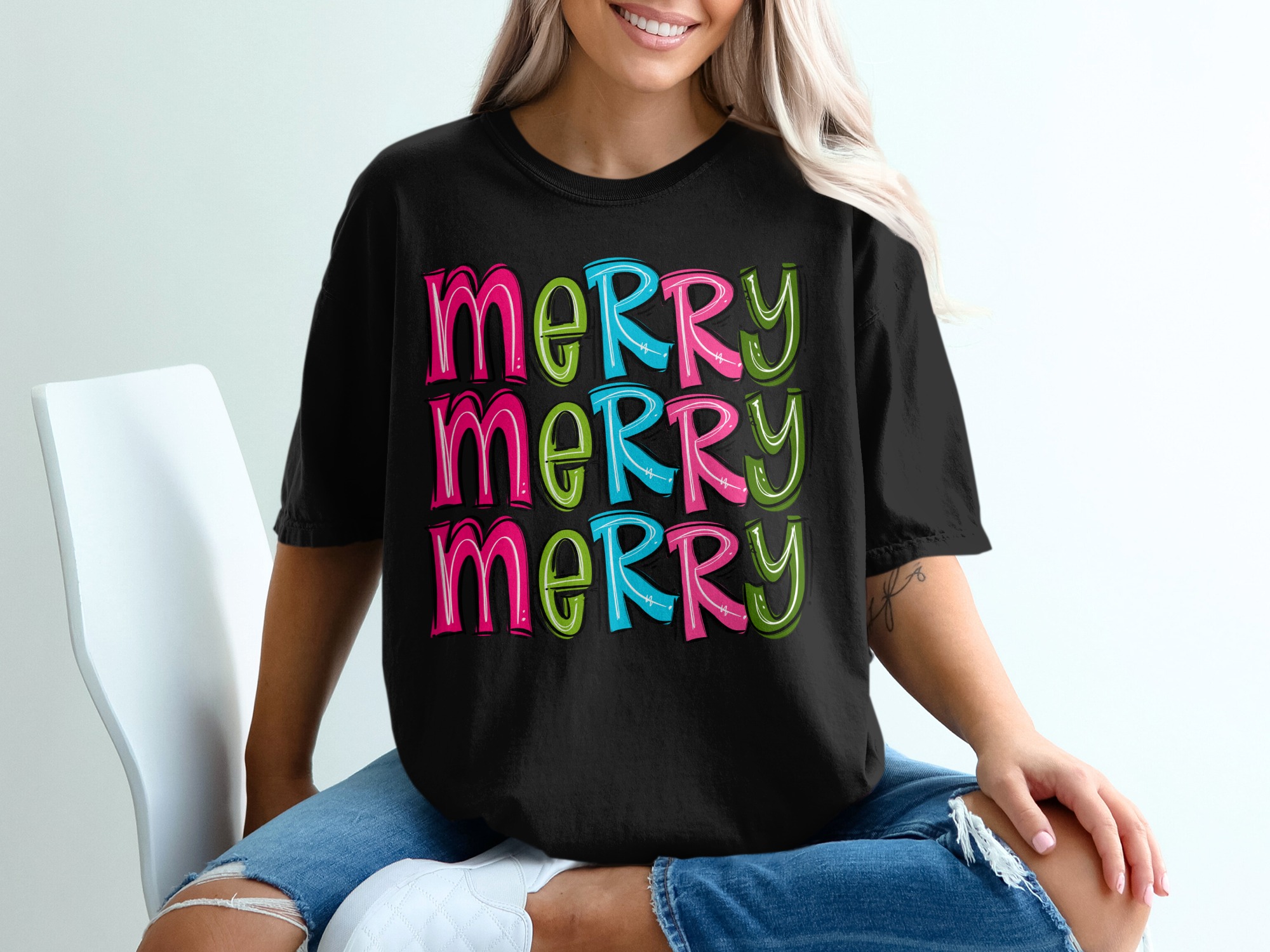 Merry T-Shirt, Colorful Christmas Shirt, Holiday Cheer T Shirt, Festive Merry Design Tee, Fun Xmas Gift Tee, Bright Christmas Apparel - Image 2