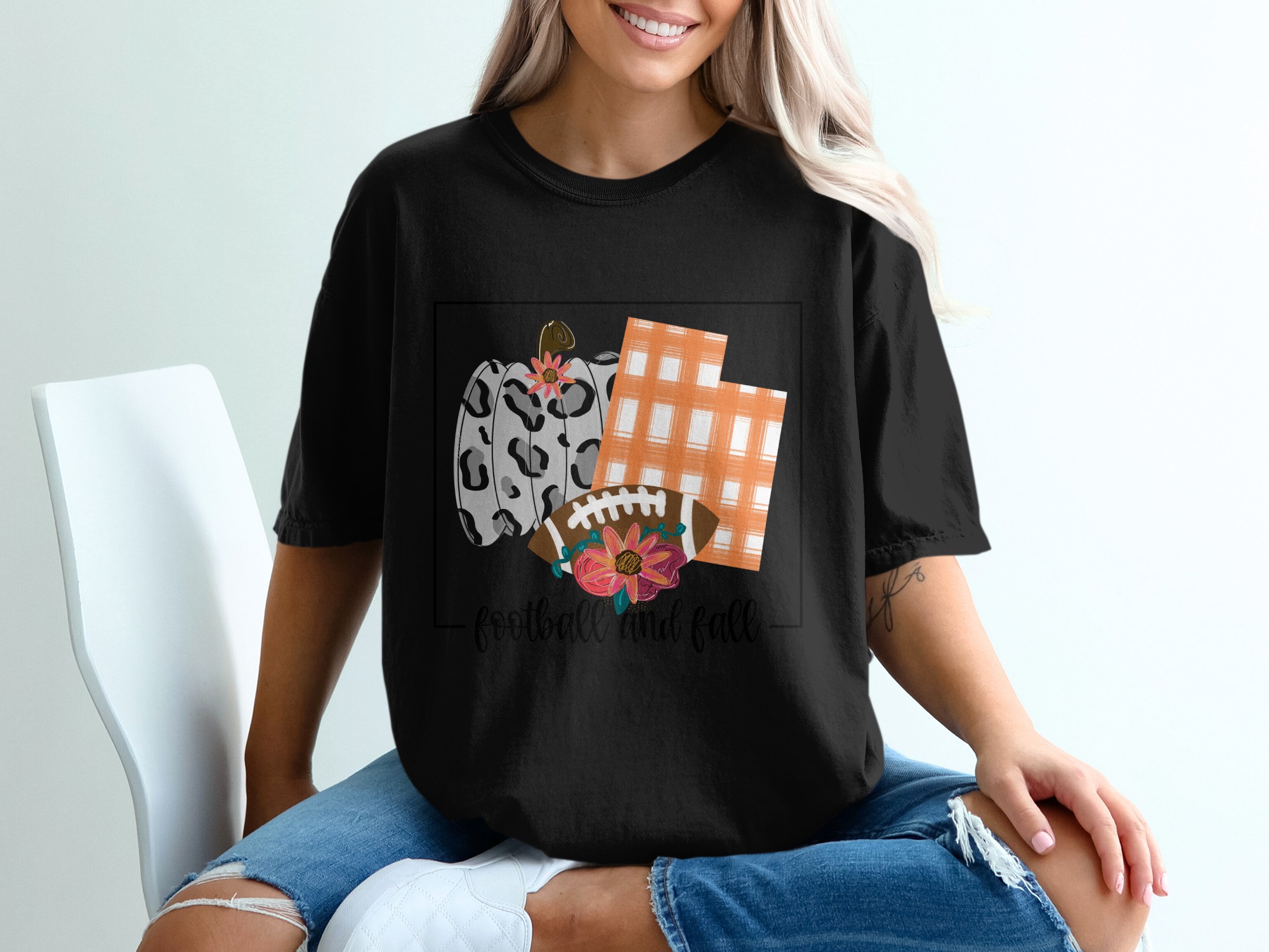 Football and Fall T-Shirt, Leopard Pumpkin, Plaid, Football, Flowers, Autumn T-Shirt, Seasonal Tee, Festive Shirt - Image 2