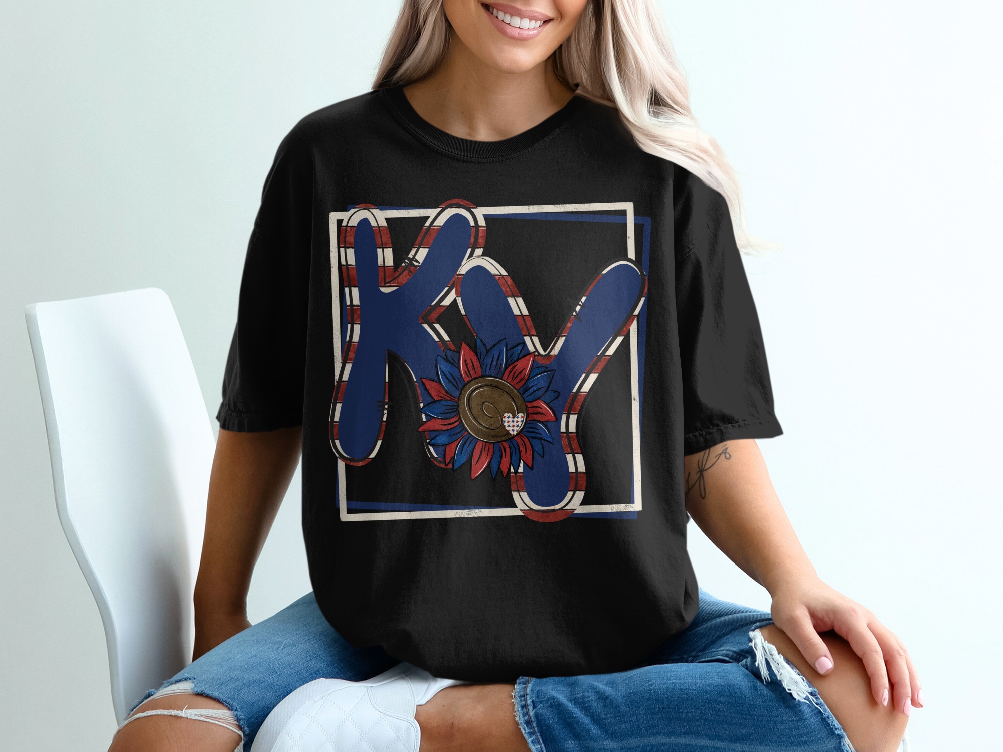 Patriotic KY State T-Shirt, Sunflower Heart Shirt, Kentucky Pride Tee, USA Colors, Red White Blue Shirt, Gift For Kentuckians T-Shirt - Image 2