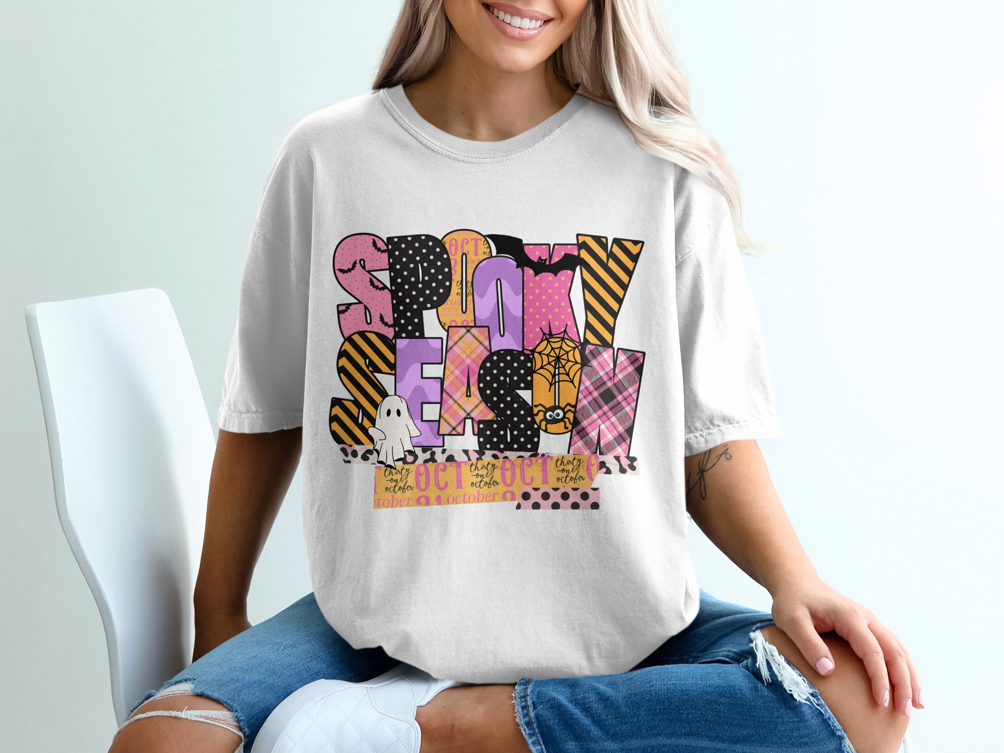 Spooky Season T-Shirt, Halloween T-Shirt, Cute Ghost, Spider Web, Bat, October 31st, Fall T-Shirt, Trendy T-Shirt, Fun Halloween T-Shirt
