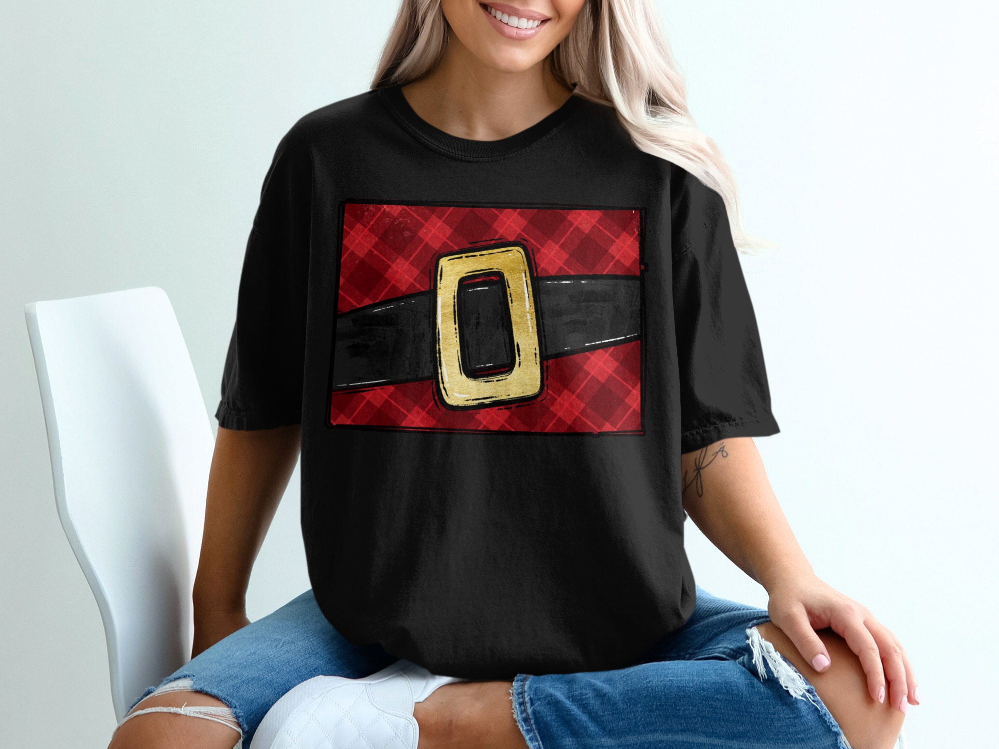 Santa Belt T-Shirt, Christmas T-Shirt, Plaid Tee, Holiday Shirt, Festive Clothing, Christmas Outfit, Holiday Gift, Christmas Gift - Image 2