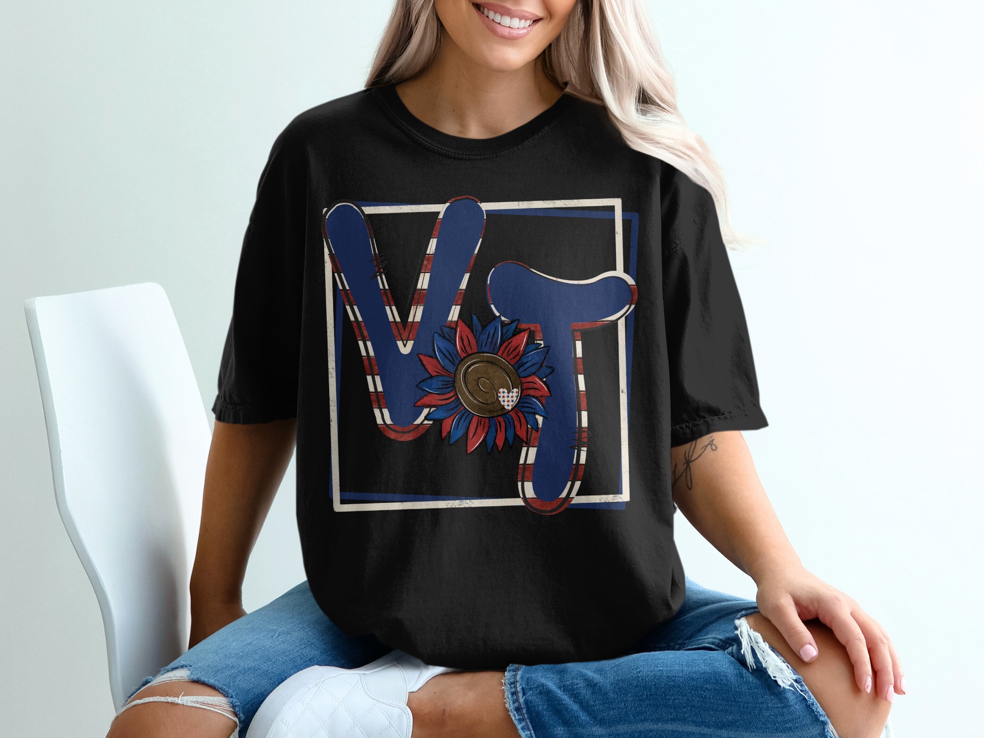 VT Sunflower T-Shirt, Red White Blue Shirt, Patriotic T-Shirt, USA Pride Tee, Summer Tee, Gift For Her, Patriotic Gift Tee - Image 2