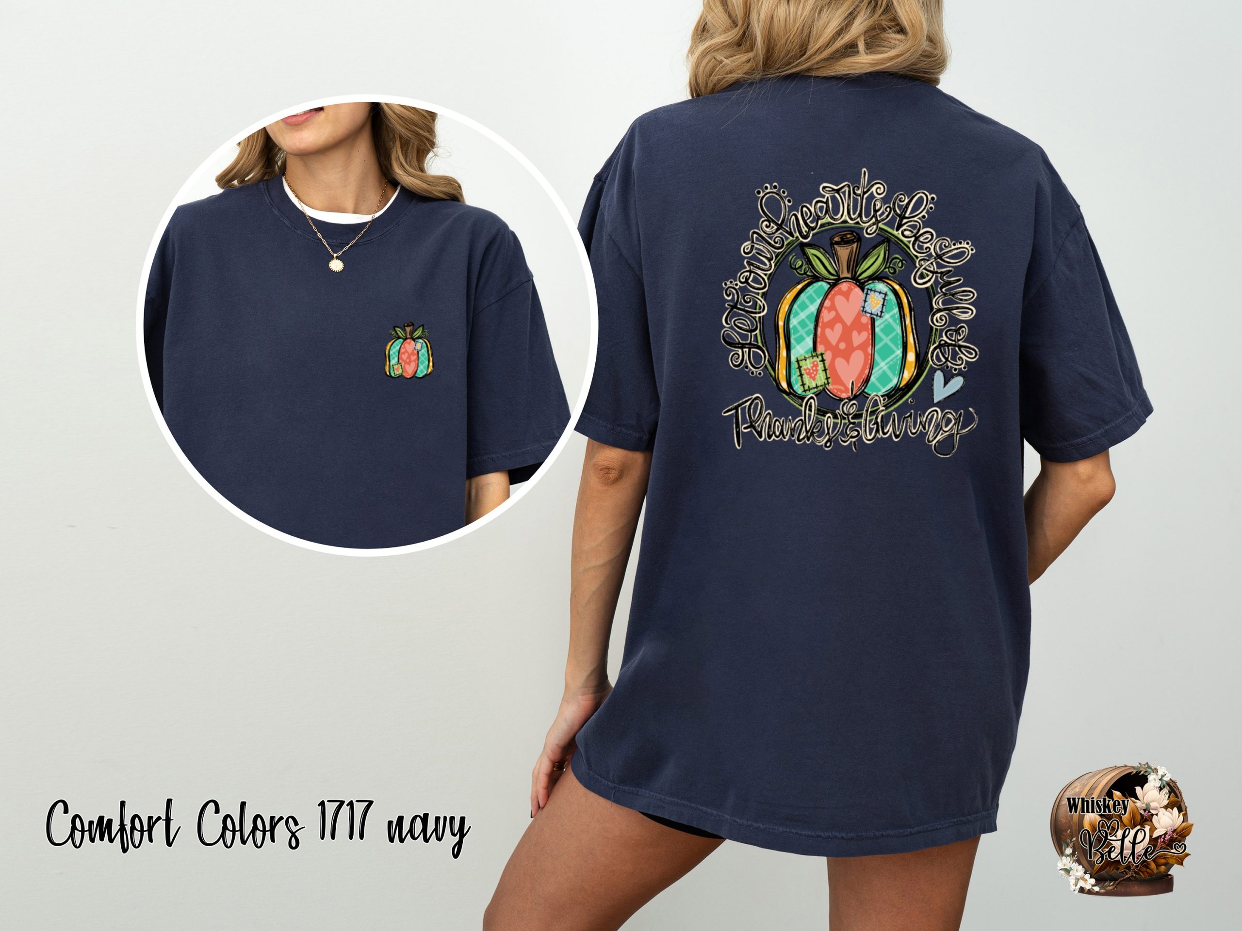 Thanksgiving Pumpkin T-Shirt, Hearts Be Fully Thankful, Fall Season Apparel, Autumn Harvest Tee, Cute Patchwork Design, Seasonal Clothing - Image 3