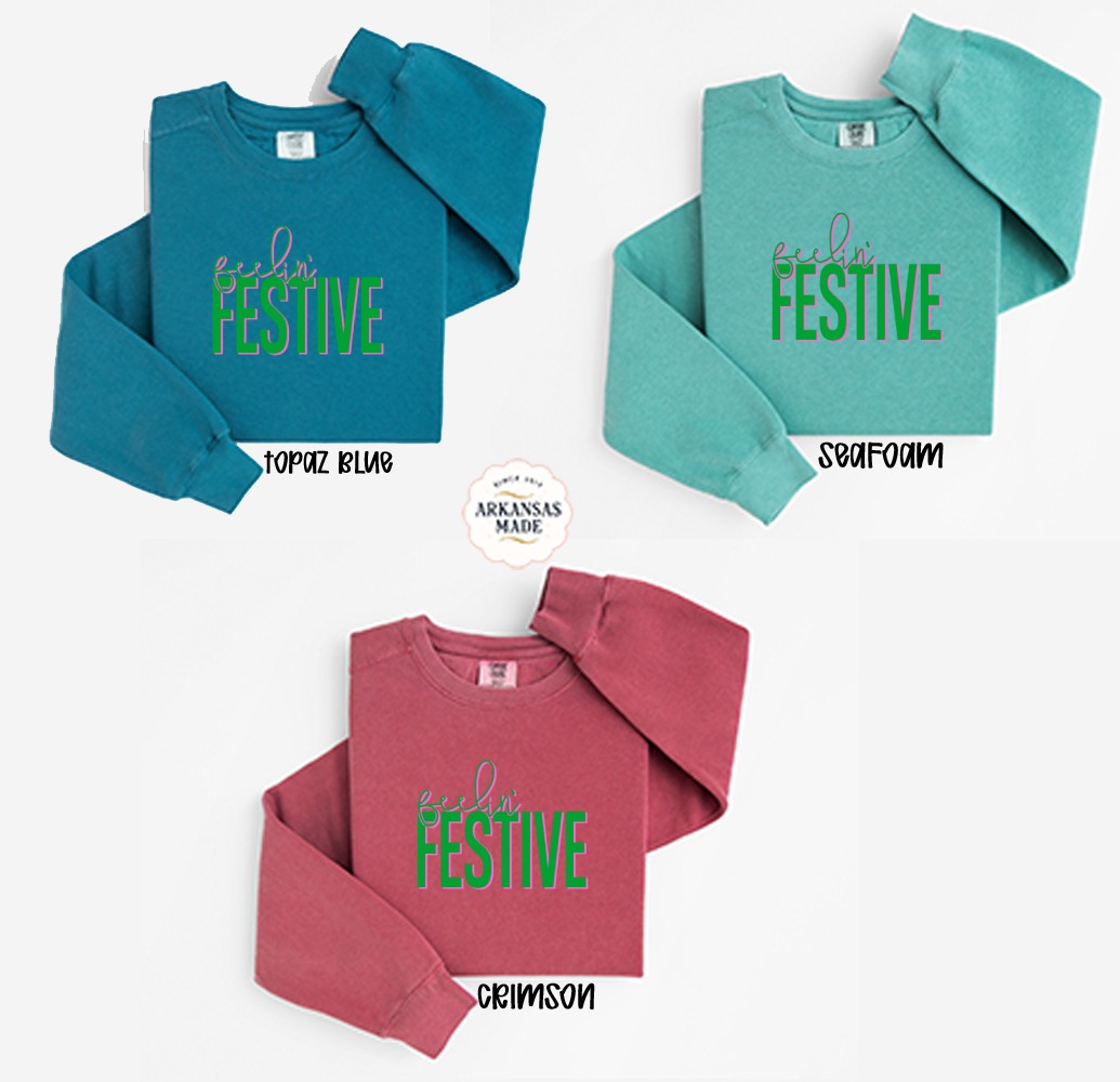 Feelin Festive Sweatshirt, Holiday Season Sweatshirt, Pink and Green Festive Sweatshirt, Cute Holiday Sweatshirt, Christmas Season Apparel - Image 2