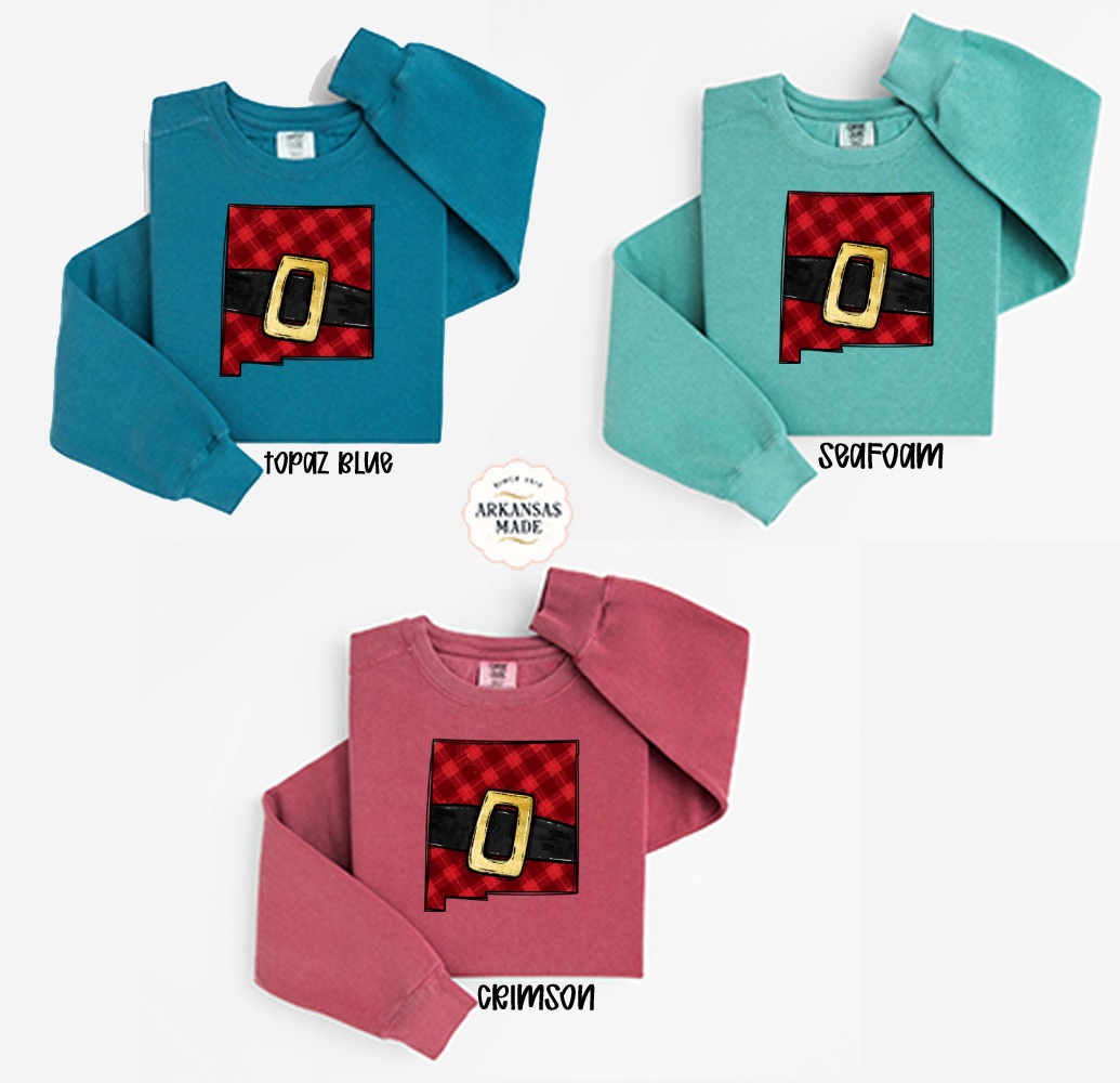 New Mexico Santa Belt Sweatshirt, NM State Christmas Shirt, Holiday Plaid Sweatshirt, Southwestern Winter Apparel - Image 2