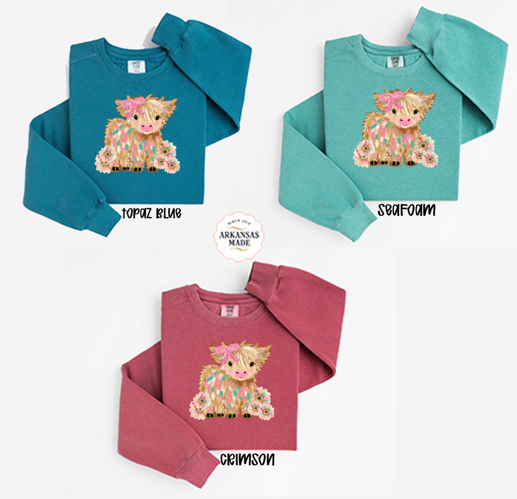 Highland Cow Sweatshirt, Cute Cow Sweatshirt, Cow with Bow, Flower Sweatshirt, Farm Animal Sweatshirt, Unique Sweatshirt, Gift for Cow Lover - Image 2