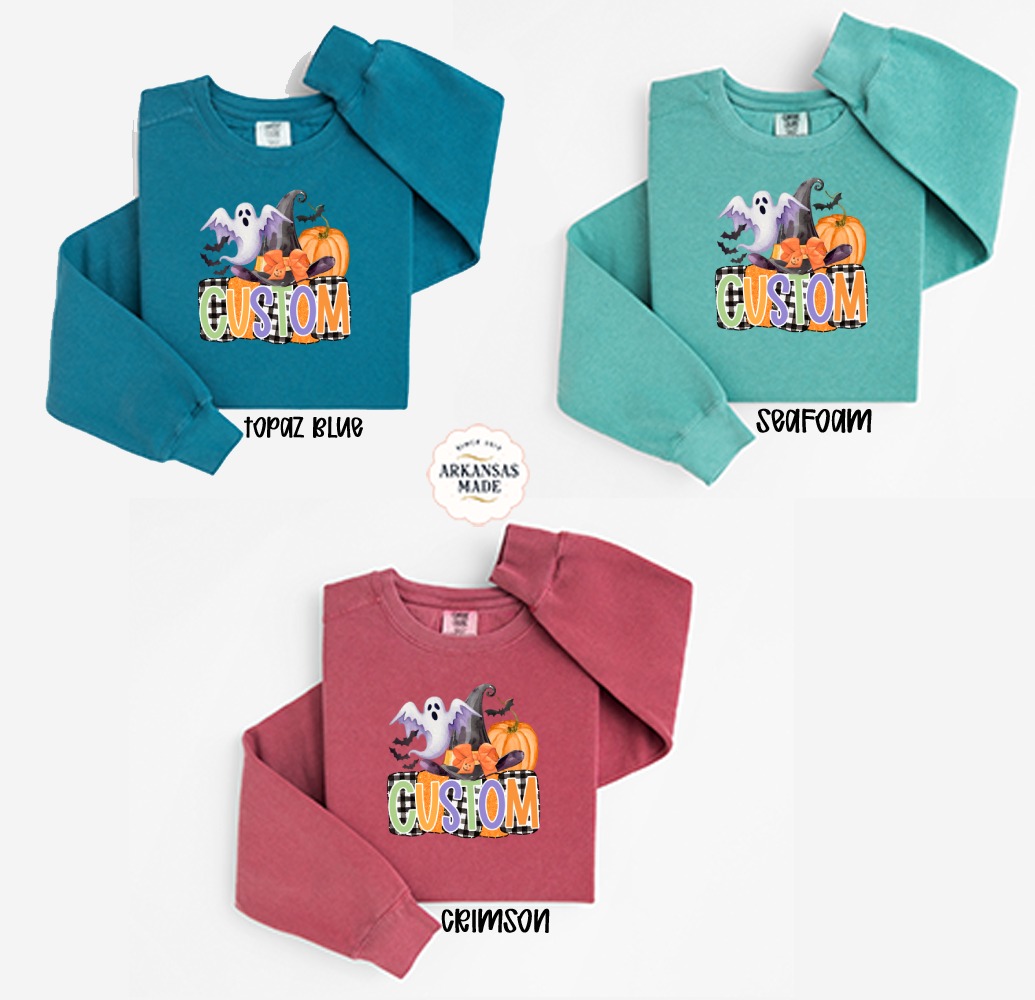 Custom Halloween Sweatshirt, Spooky Ghost, Witch Hat, Pumpkin Bats, Personalized Name Text Design, Fall Season Apparel, Autumn Shirt - Image 2