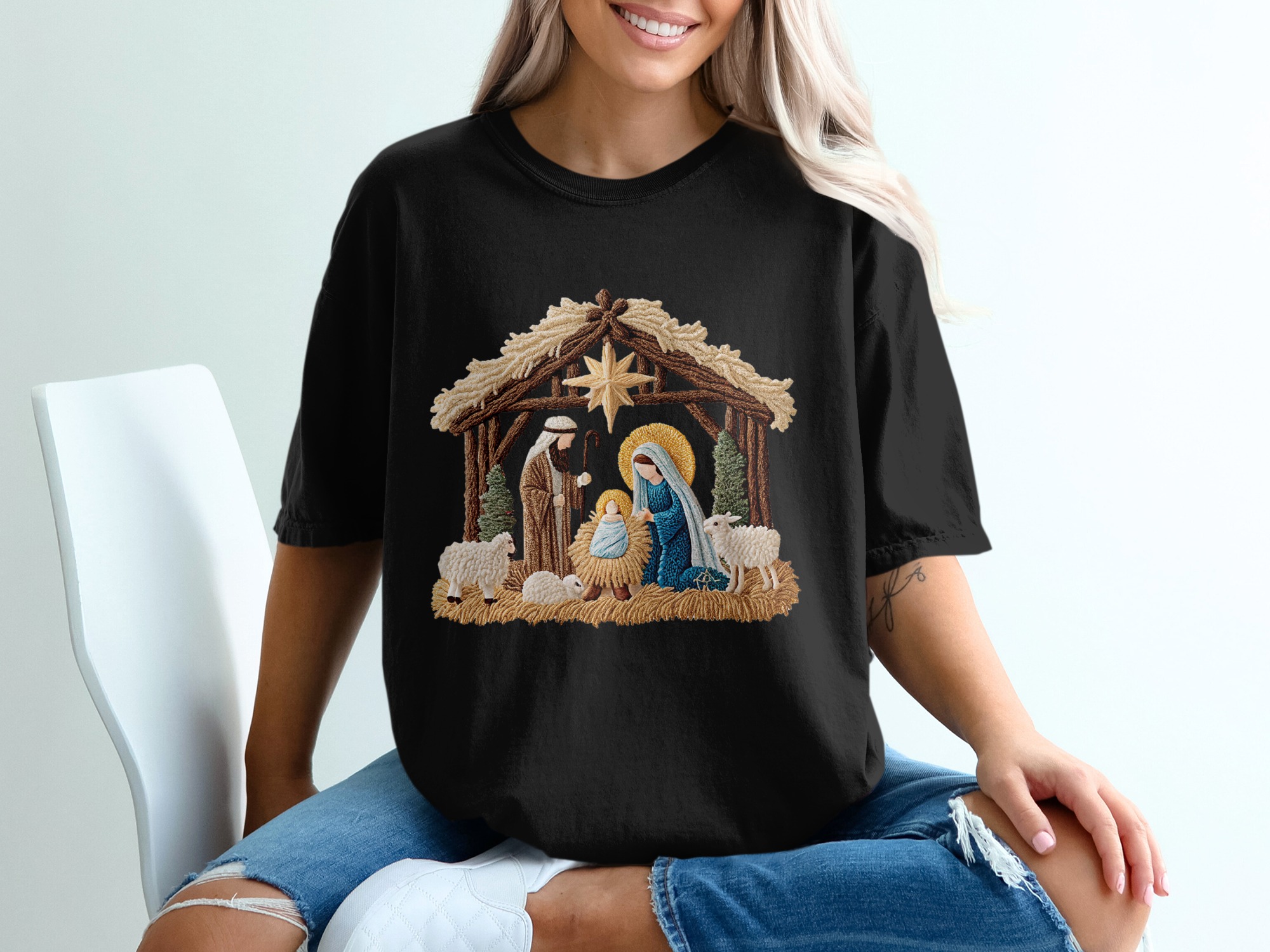 Nativity Scene T-Shirt, Christmas T Shirt, Religious Tee, Jesus Shirt, Holiday Gift Idea, Christian Apparel, Nativity Illustration - Image 2