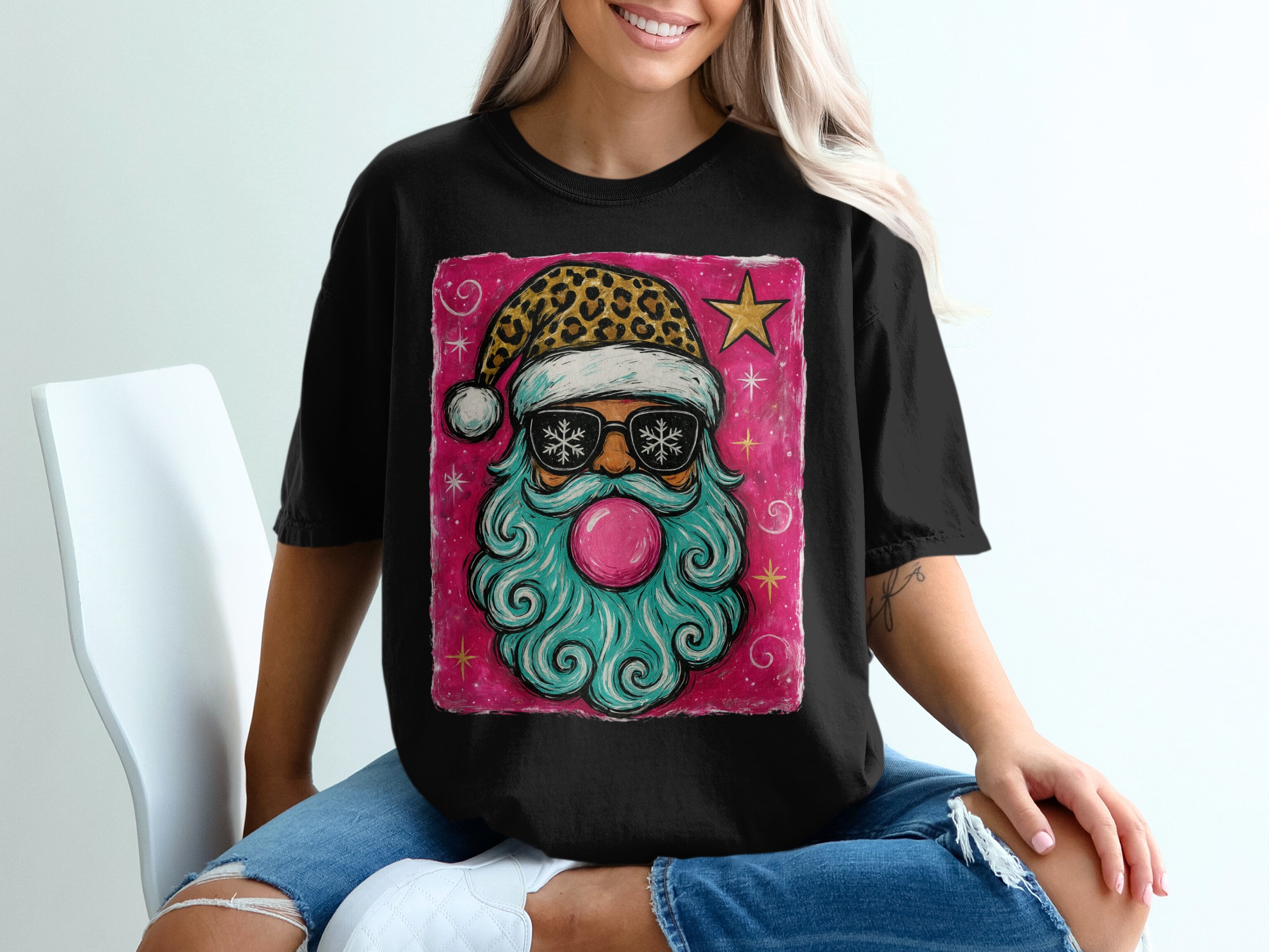 Cool Santa Claus T-Shirt, Leopard Santa, Snowflake Sunglasses, Funny Santa, Christmas Tee, Trendy Xmas Gift, Santa with Bubblegum - Image 2