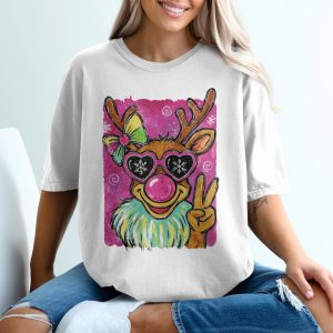 Cool Reindeer T-Shirt, Holiday T-Shirt, Peace Sign Tee, Funny Christmas T-Shirt, Antler T-Shirt, Pink Nose Reindeer Tee