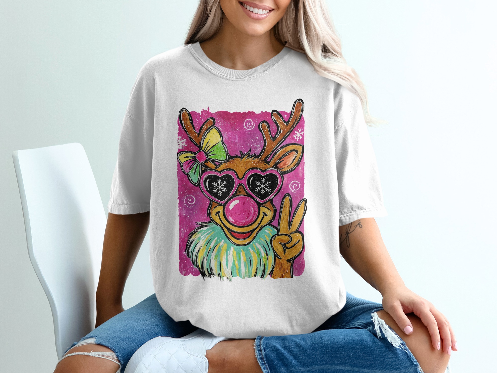 Cool Reindeer T-Shirt, Holiday T-Shirt, Peace Sign Tee, Funny Christmas T-Shirt, Antler T-Shirt, Pink Nose Reindeer Tee