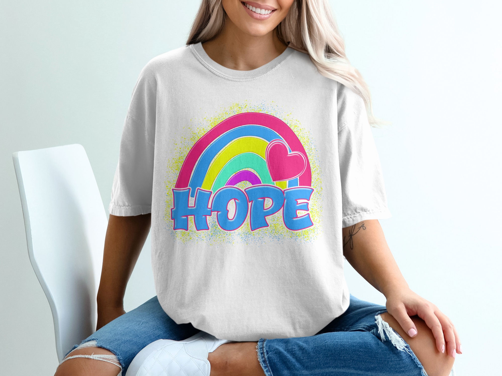 Hope Rainbow Heart T-Shirt, Positive Vibes Tee, Colorful Graphic Shirt, Uplifting Gift, Optimistic Design, Casual Wear, Trendy Top