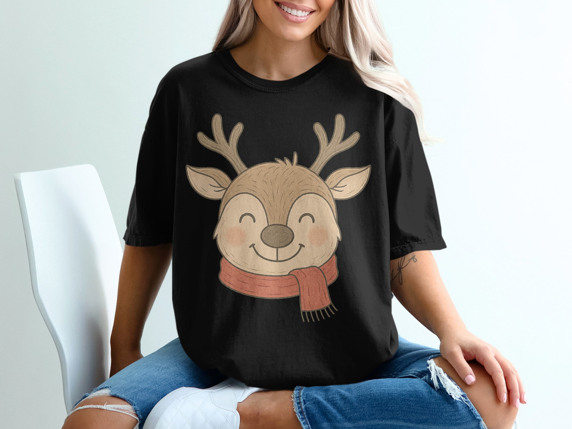 Cute Deer T-Shirt, Christmas Reindeer Shirt, Holiday Season Tee, Winter Animal Top, Festive Apparel, Smiling Reindeer Gift - Image 2