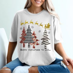 Merry Christmas T-Shirt, Santa's Sleigh, Patterned Christmas Trees, Holiday Apparel, Christmas Gift Idea, Festive Top