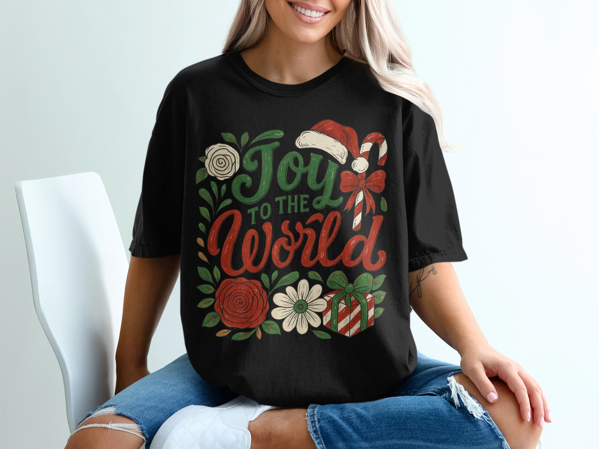 Joy To The World T-Shirt, Holiday Tee, Christmas Shirt, Santa Hat Shirt, Candy Cane Shirt, Floral T-Shirt, Gift Shirt, Festive Shirt - Image 2