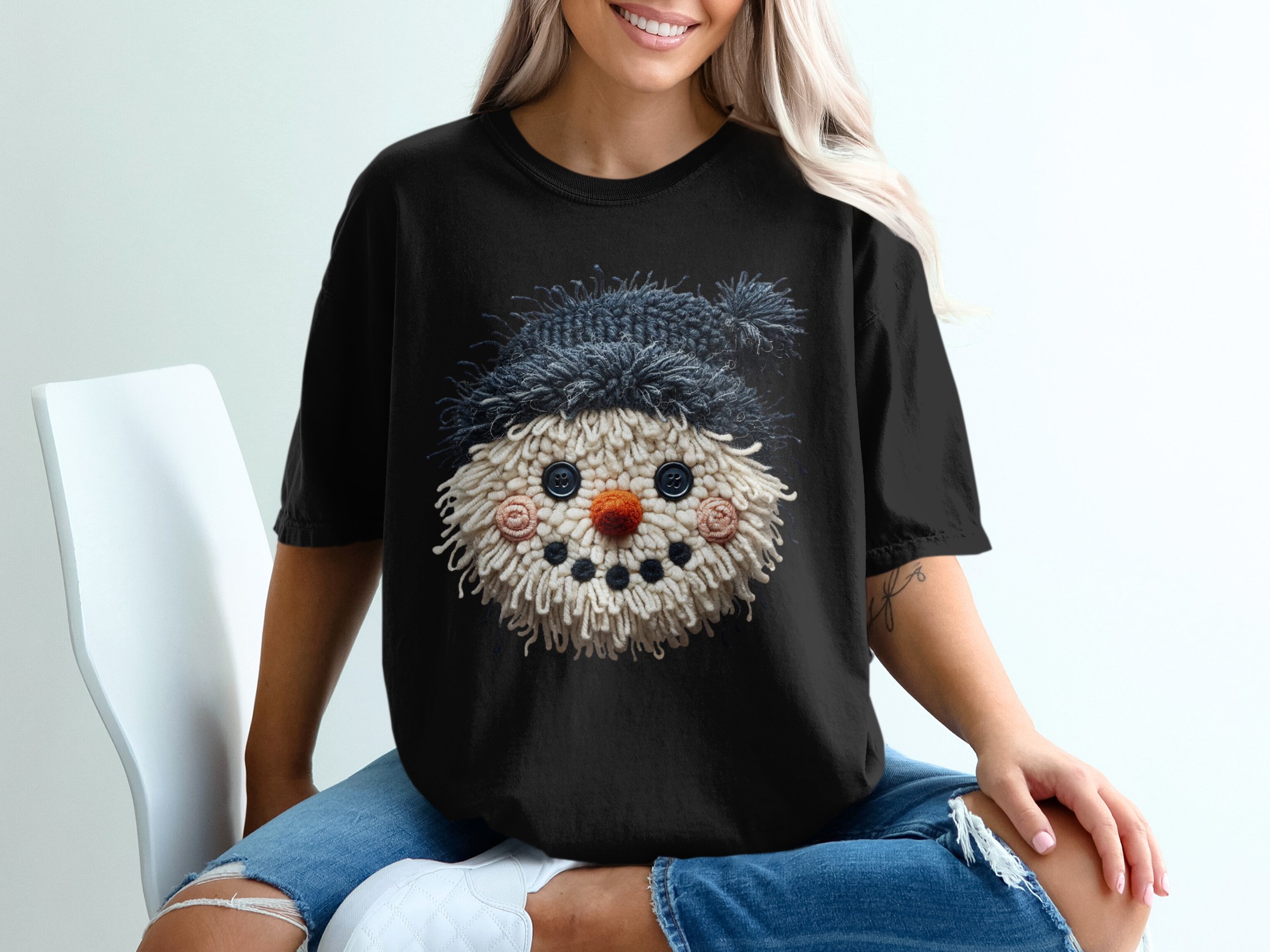 Knitted Snowman Face T-Shirt, Winter Holiday Shirt, Unique Crochet Design, Festive Apparel, Holiday Gift Idea - Image 2