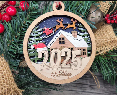 2025 Christmas Ornament Personalized, Santa Sleigh Reindeer, New Home Ornament, Holiday Gift, Family Name Ornament, Christmas Decor