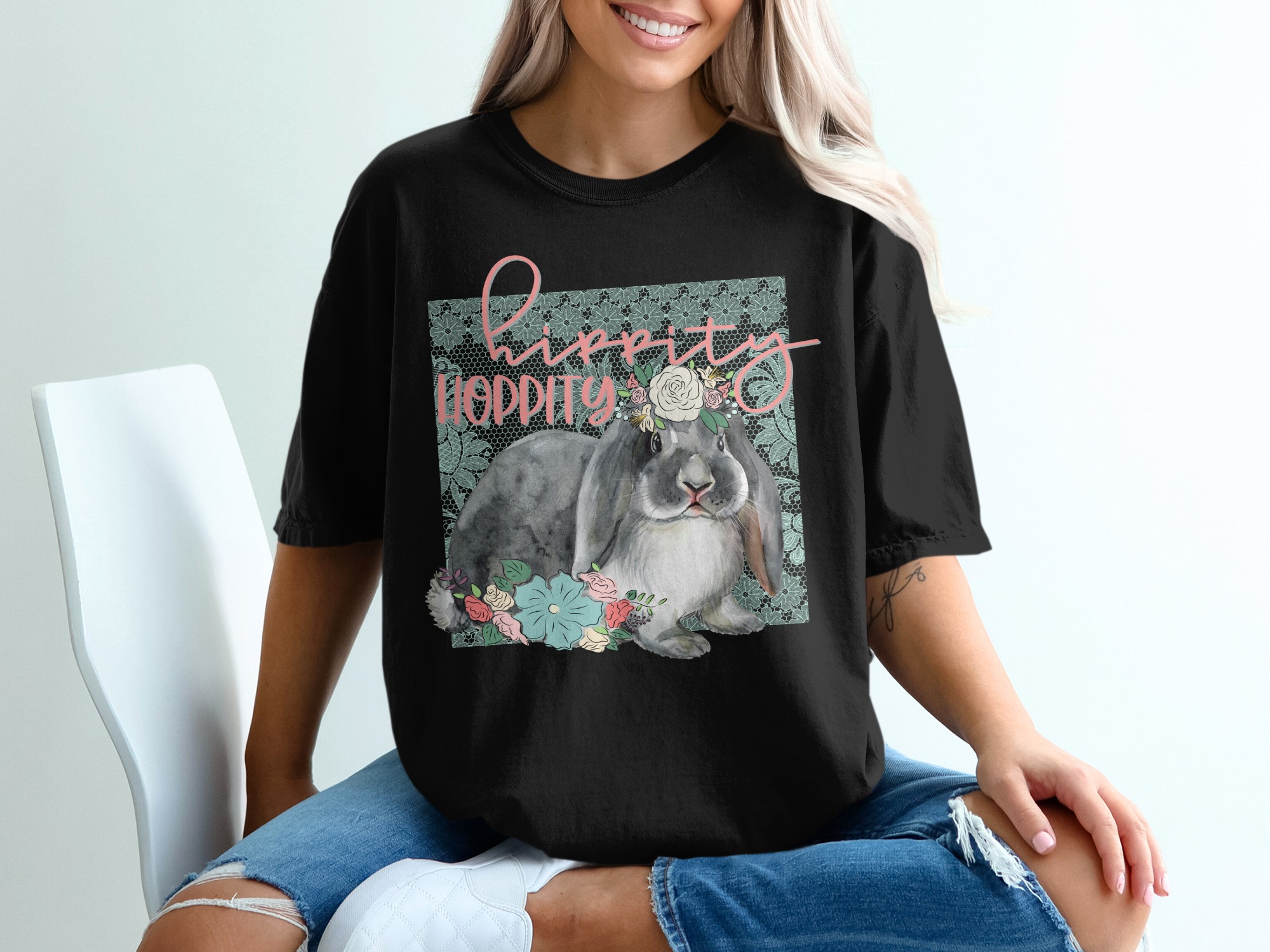 Hippity Hoppity Bunny Rabbit T-Shirt, Lop Ear, Floral Crown, Cute Bunny Tee, Easter Gift, Rabbit Lover, Watercolor Bunny, Pet T Shirt - Image 2