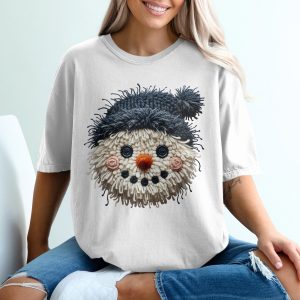 Knitted Snowman Face T-Shirt, Winter Holiday Shirt, Unique Crochet Design, Festive Apparel, Holiday Gift Idea