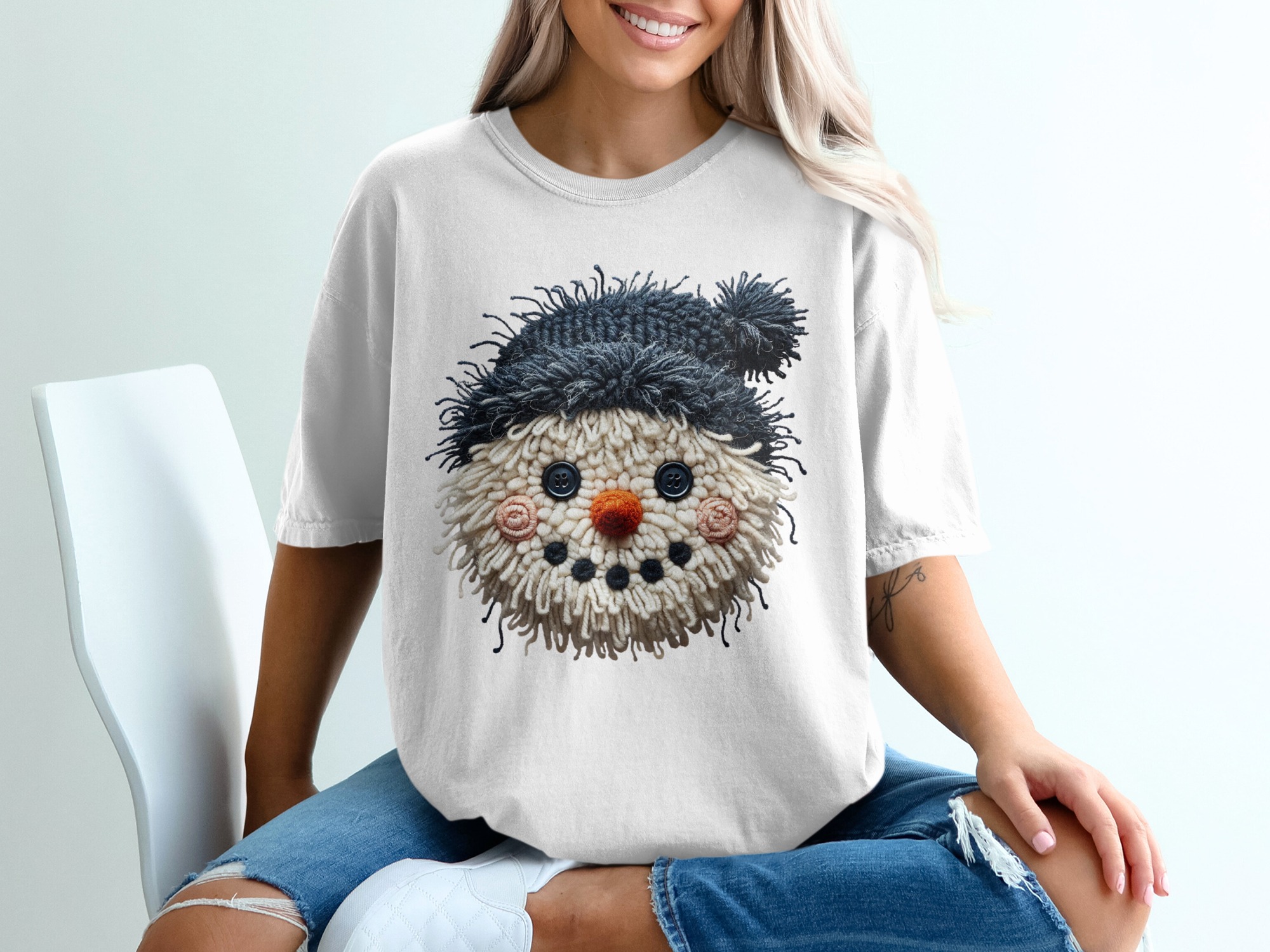 Knitted Snowman Face T-Shirt, Winter Holiday Shirt, Unique Crochet Design, Festive Apparel, Holiday Gift Idea