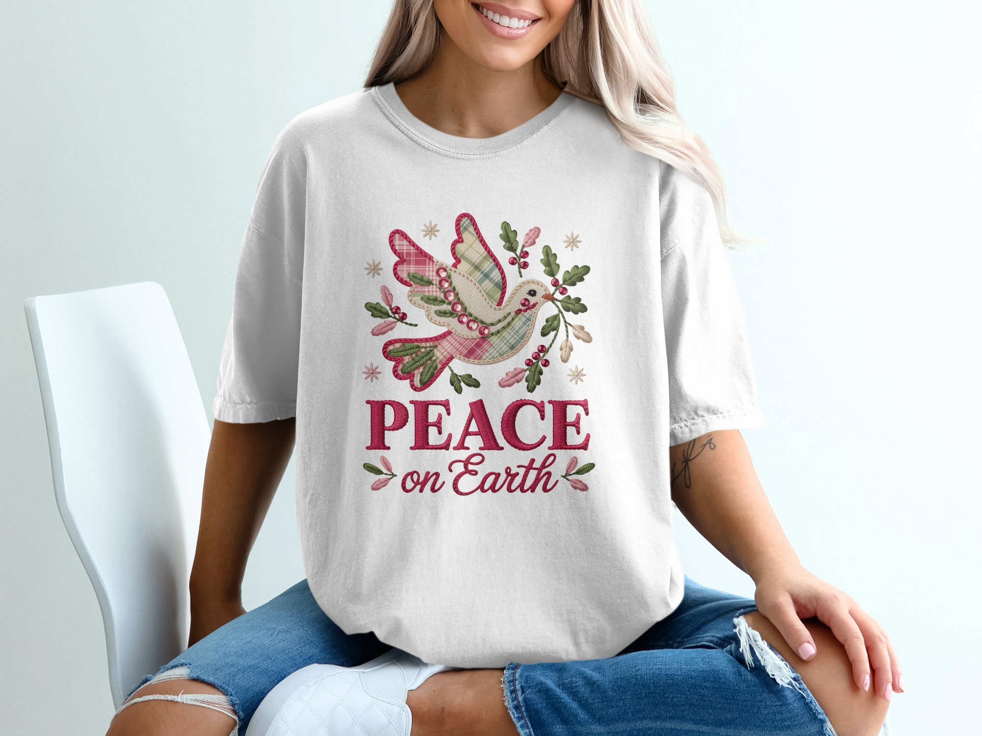 Peace Dove Christmas T-Shirt, Holiday Bird Shirt, Festive Earth Tee, Xmas Gift Apparel, Embroidered Dove Design Shirt